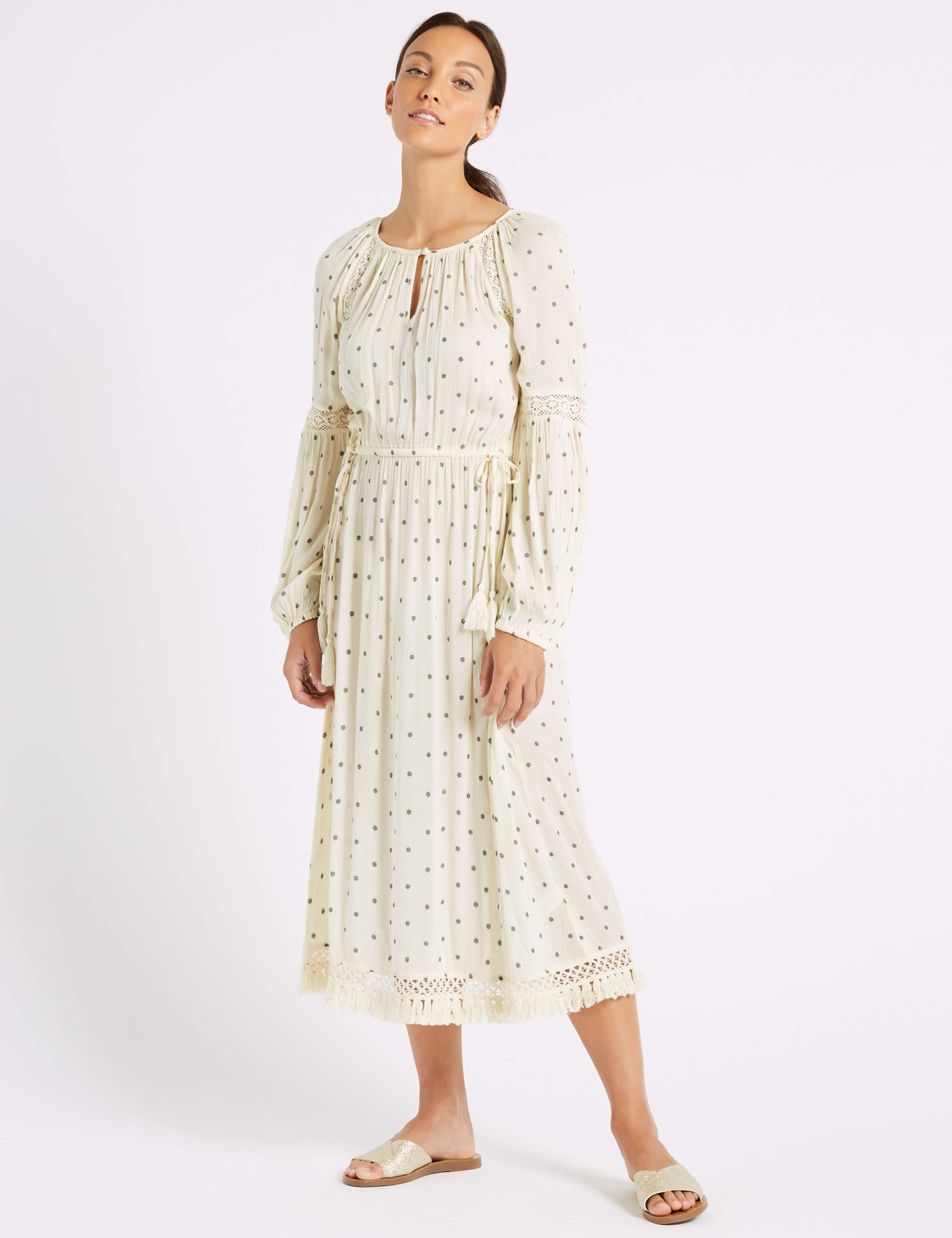 Printed Long Sleeve Fringe Detail Midi Dress 1 of 7