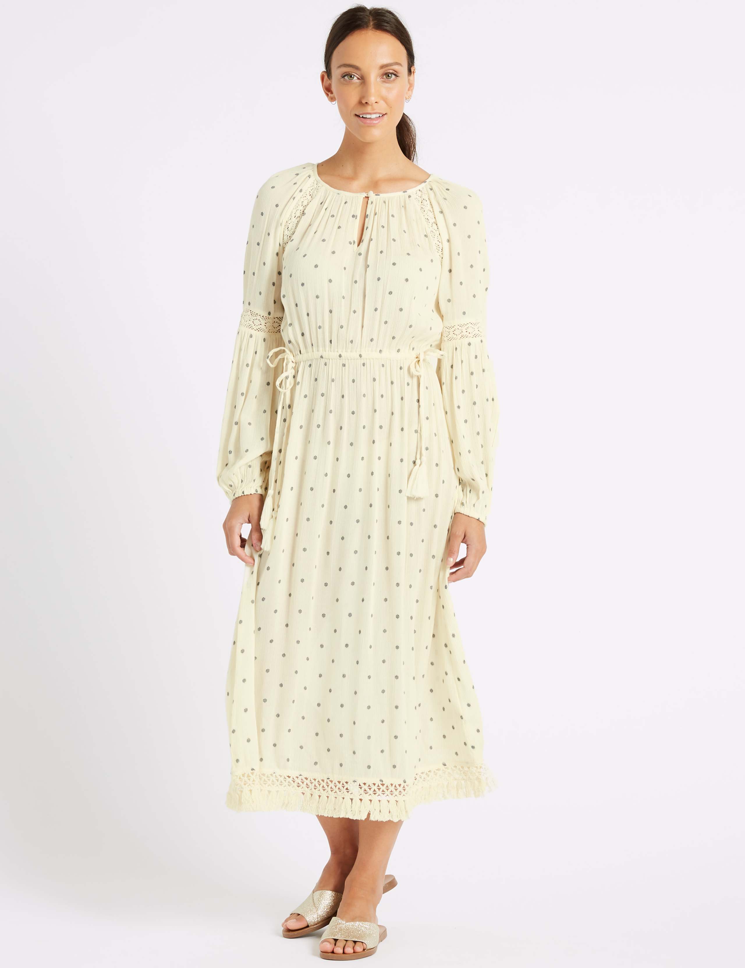 Printed Long Sleeve Fringe Detail Midi Dress 5 of 7