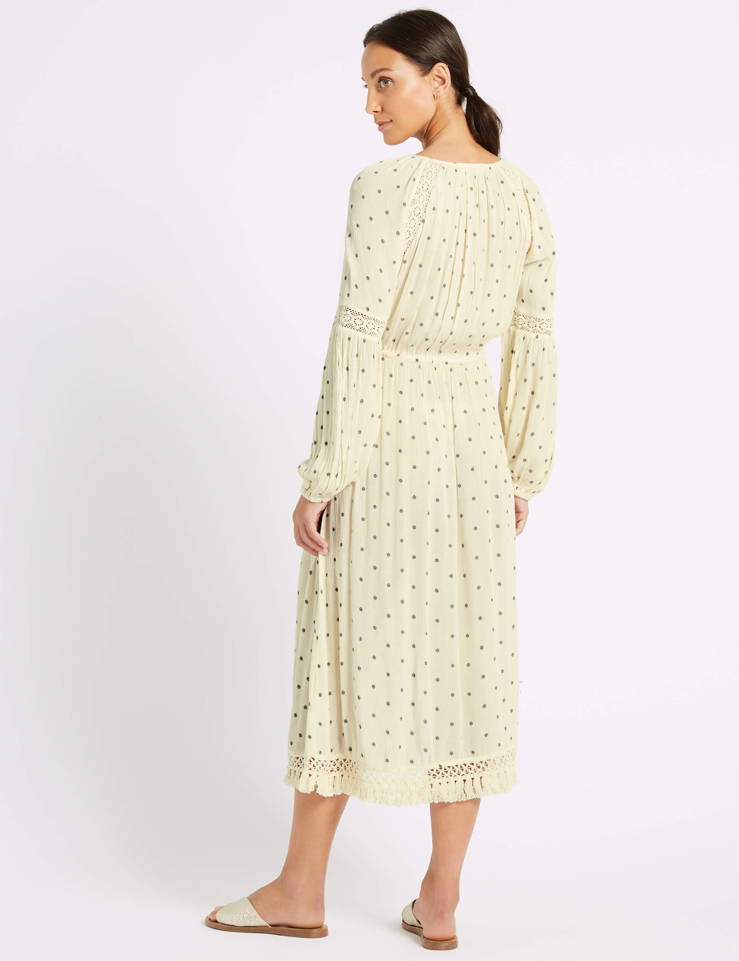 Printed Long Sleeve Fringe Detail Midi Dress 6 of 7