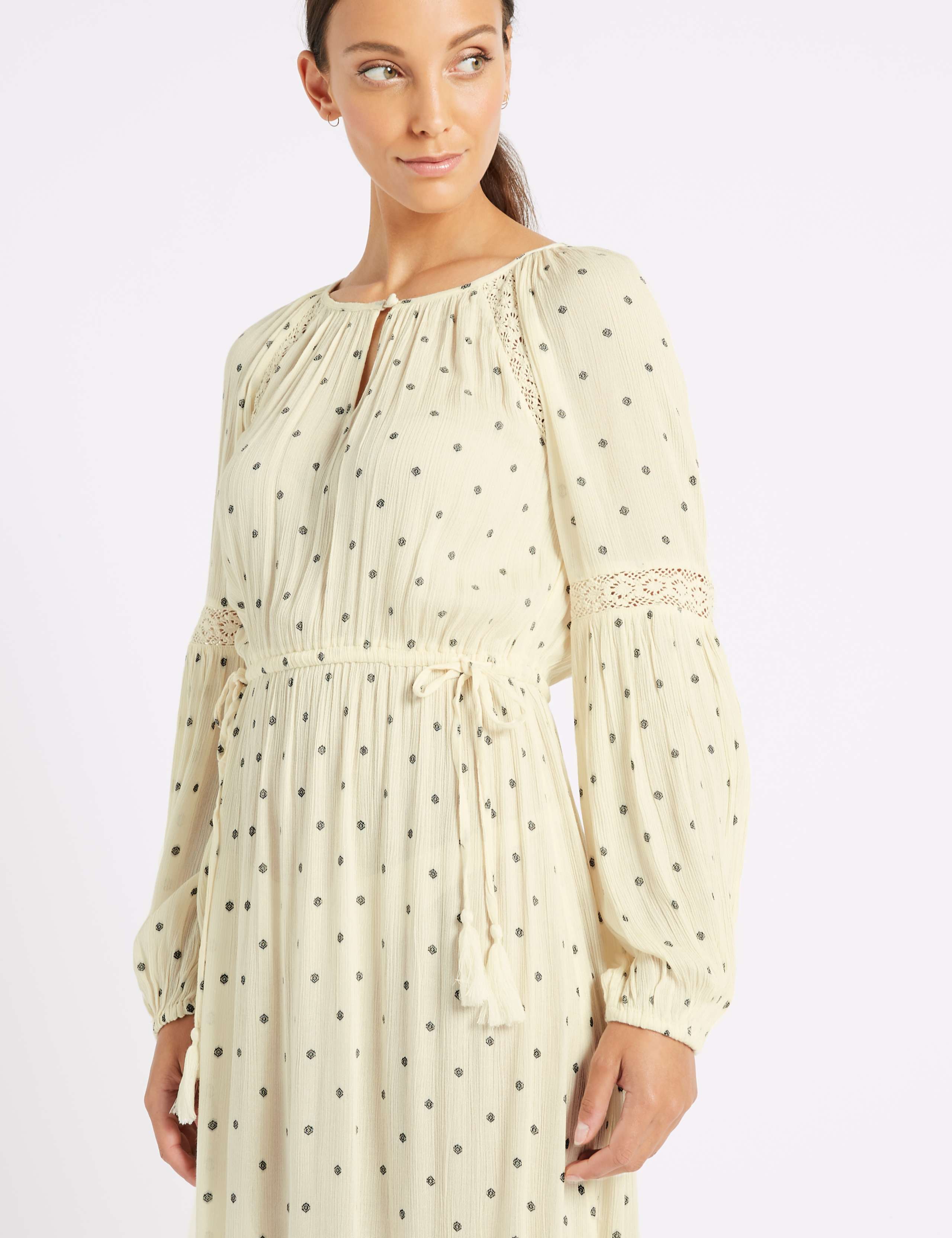Printed Long Sleeve Fringe Detail Midi Dress 7 of 7