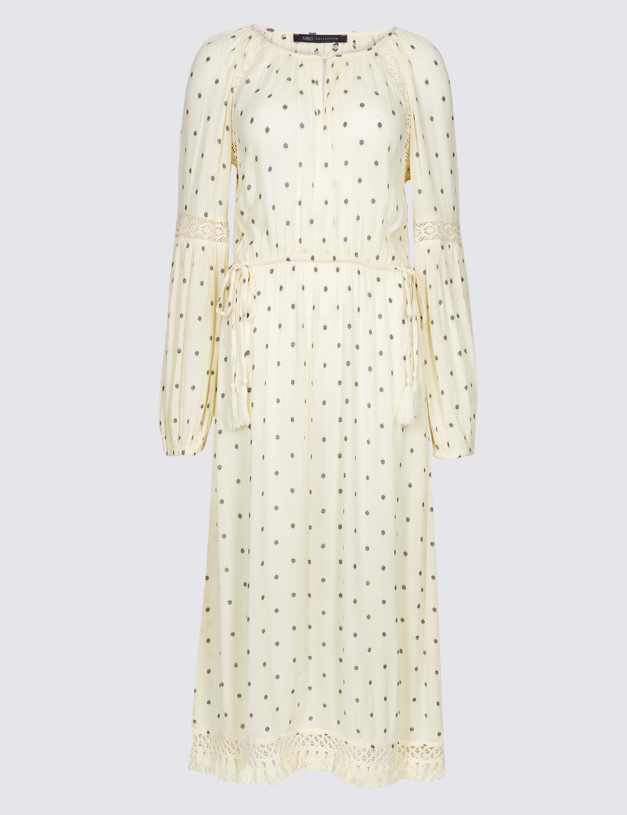 Printed Long Sleeve Fringe Detail Midi Dress 2 of 7