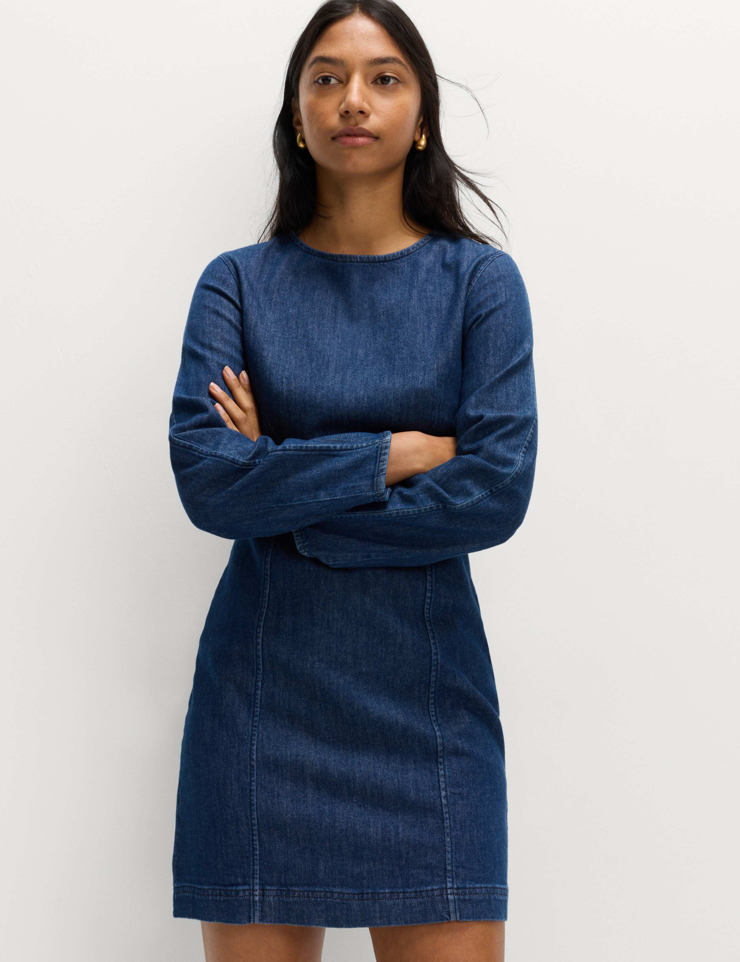 Cotton Rich Denim Round Neck Mini Shift Dress 3 of 4