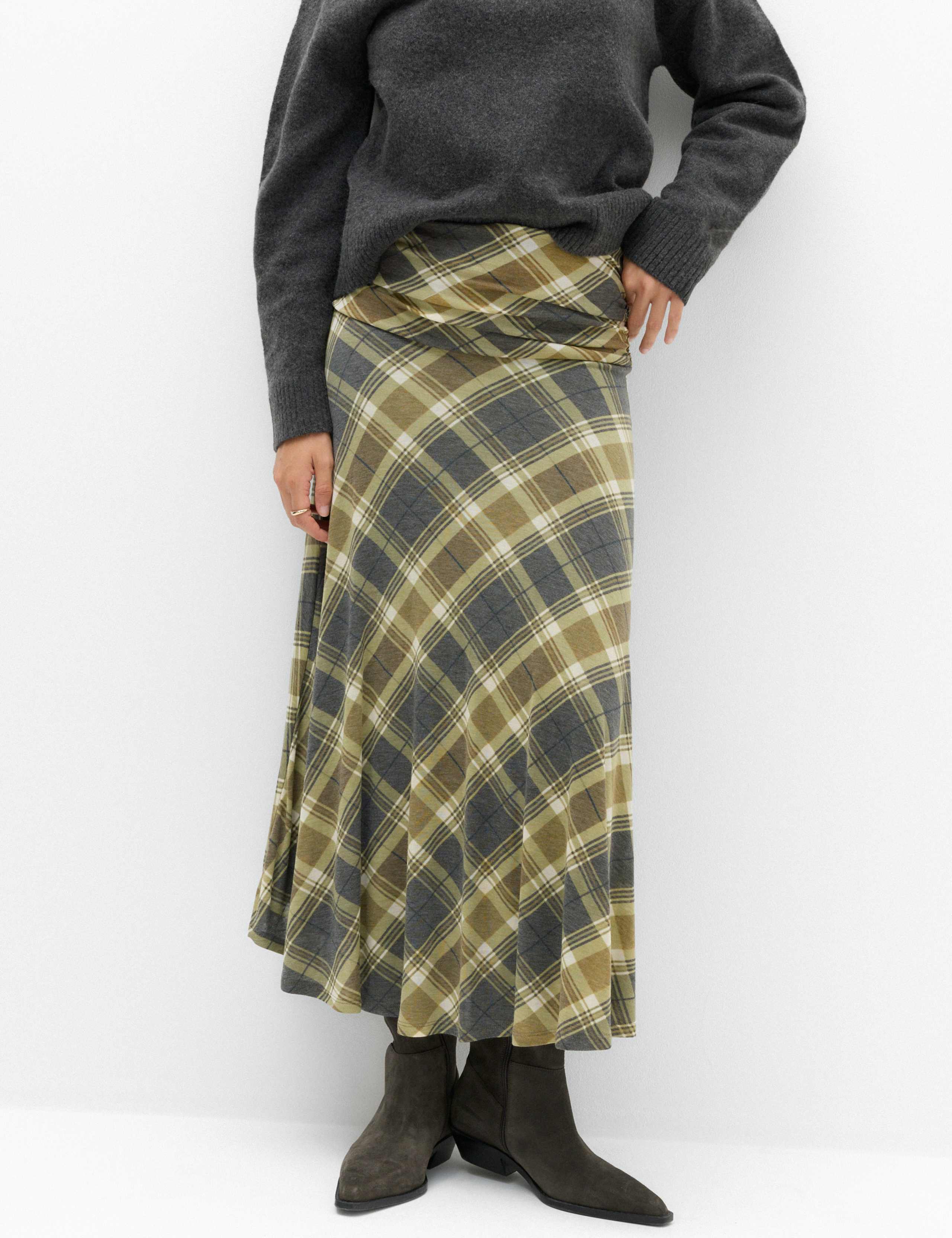 Lyocell Blend Checked Ruched Midi A-Line Skirt 3 of 6