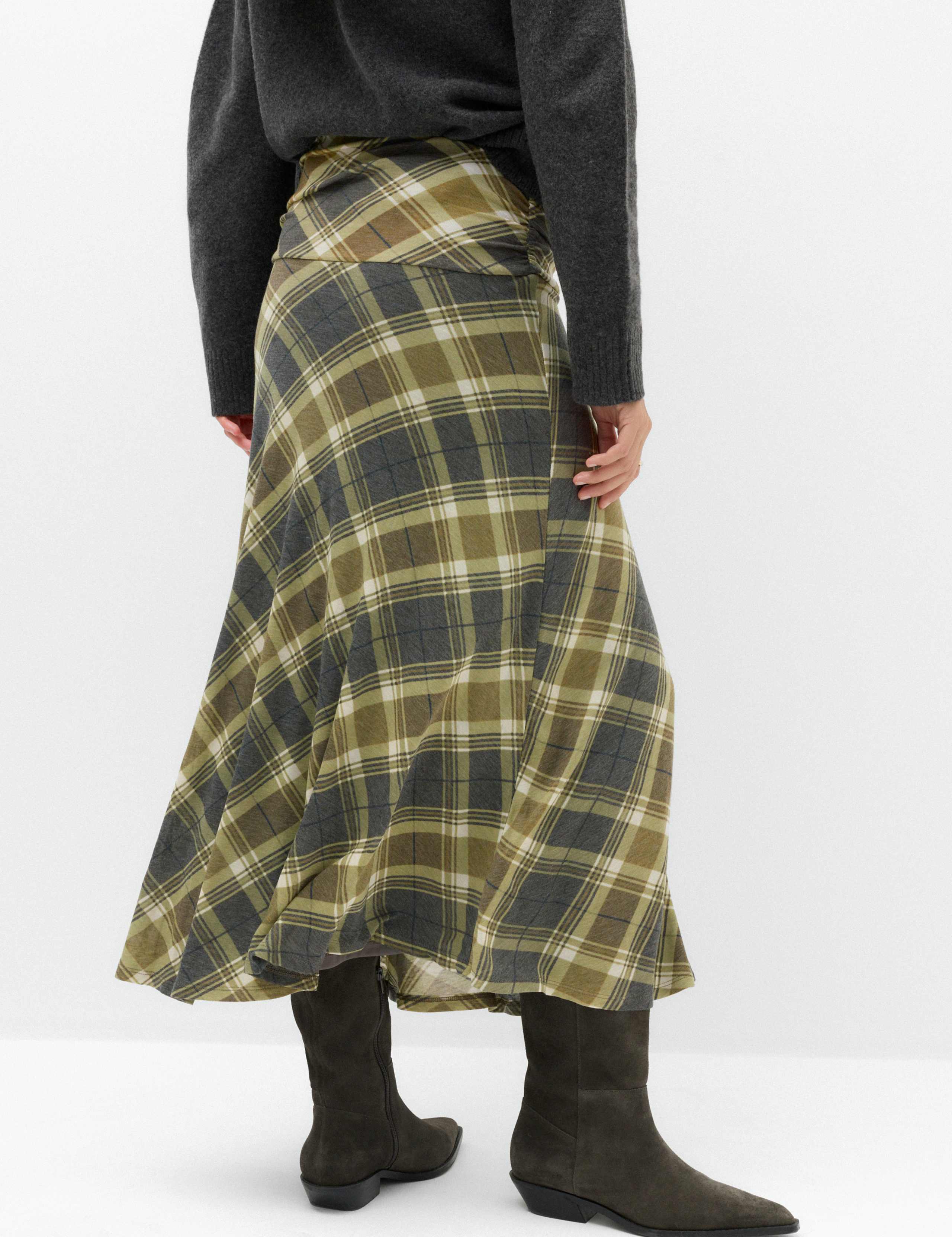 Lyocell Blend Checked Ruched Midi A-Line Skirt 5 of 6