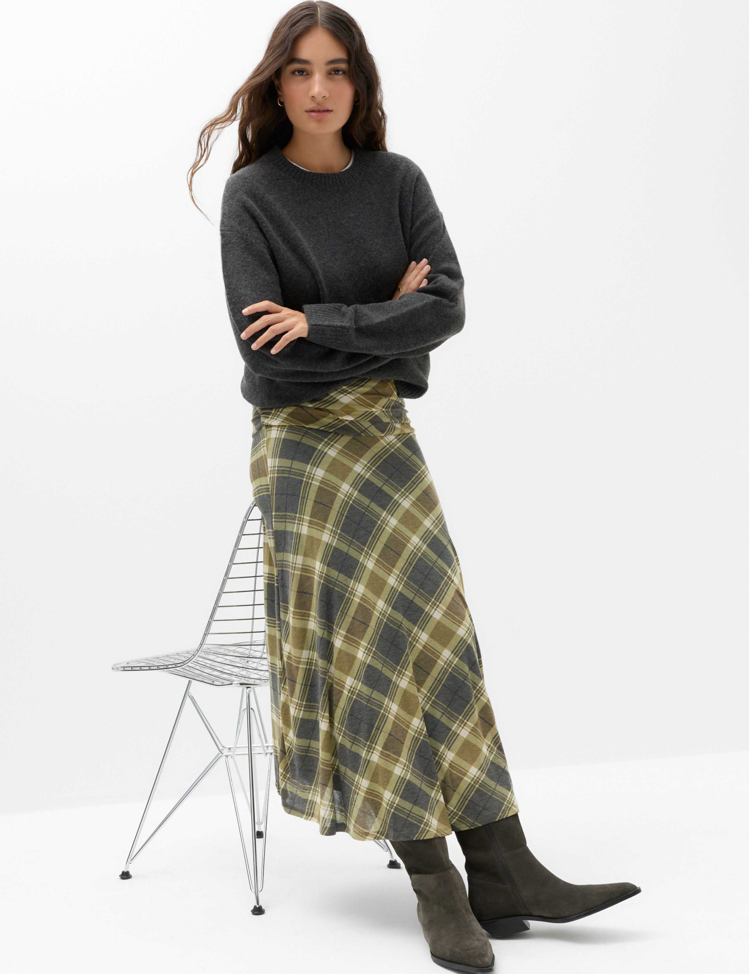 Lyocell Blend Checked Ruched Midi A-Line Skirt 6 of 6