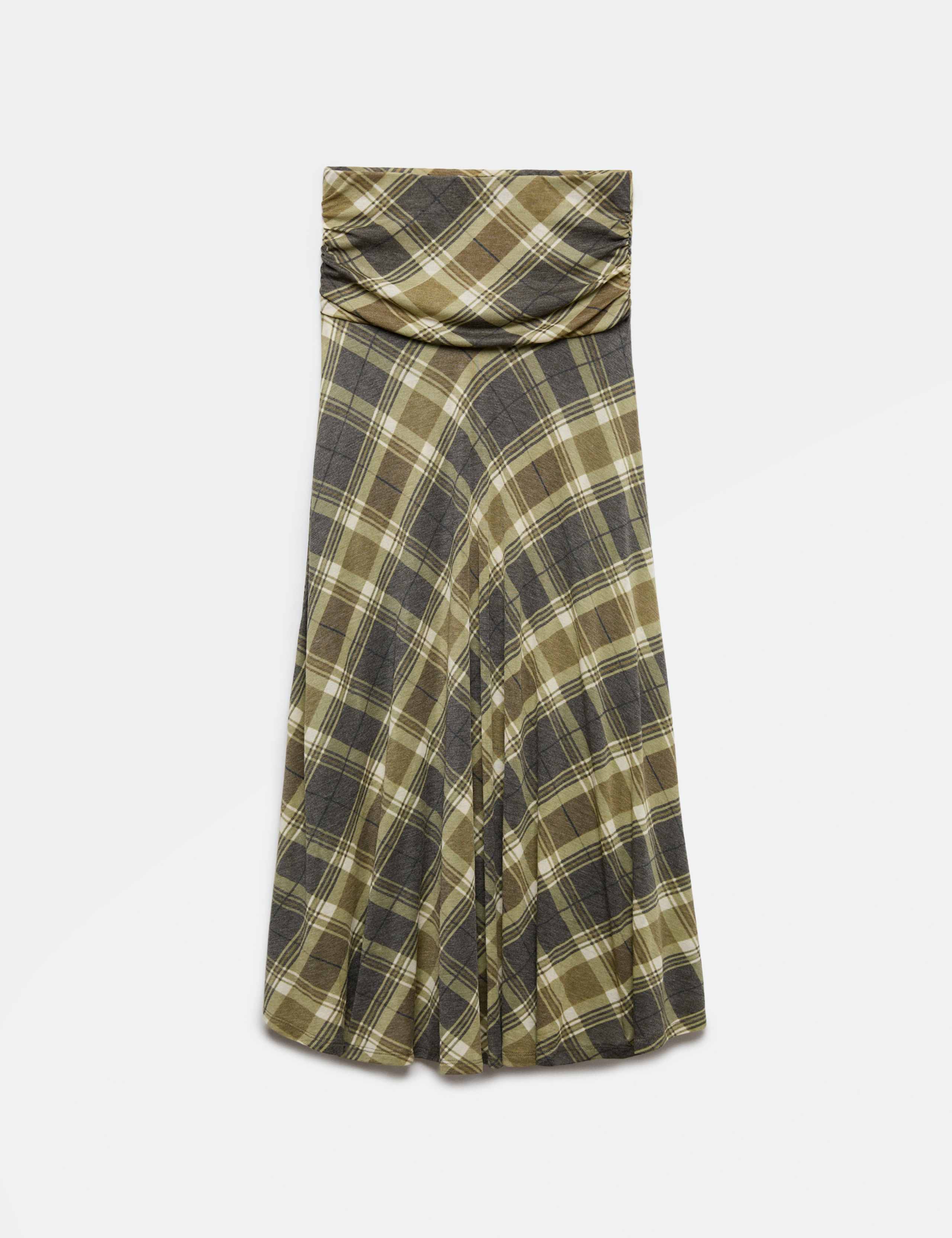Lyocell Blend Checked Ruched Midi A-Line Skirt 2 of 6