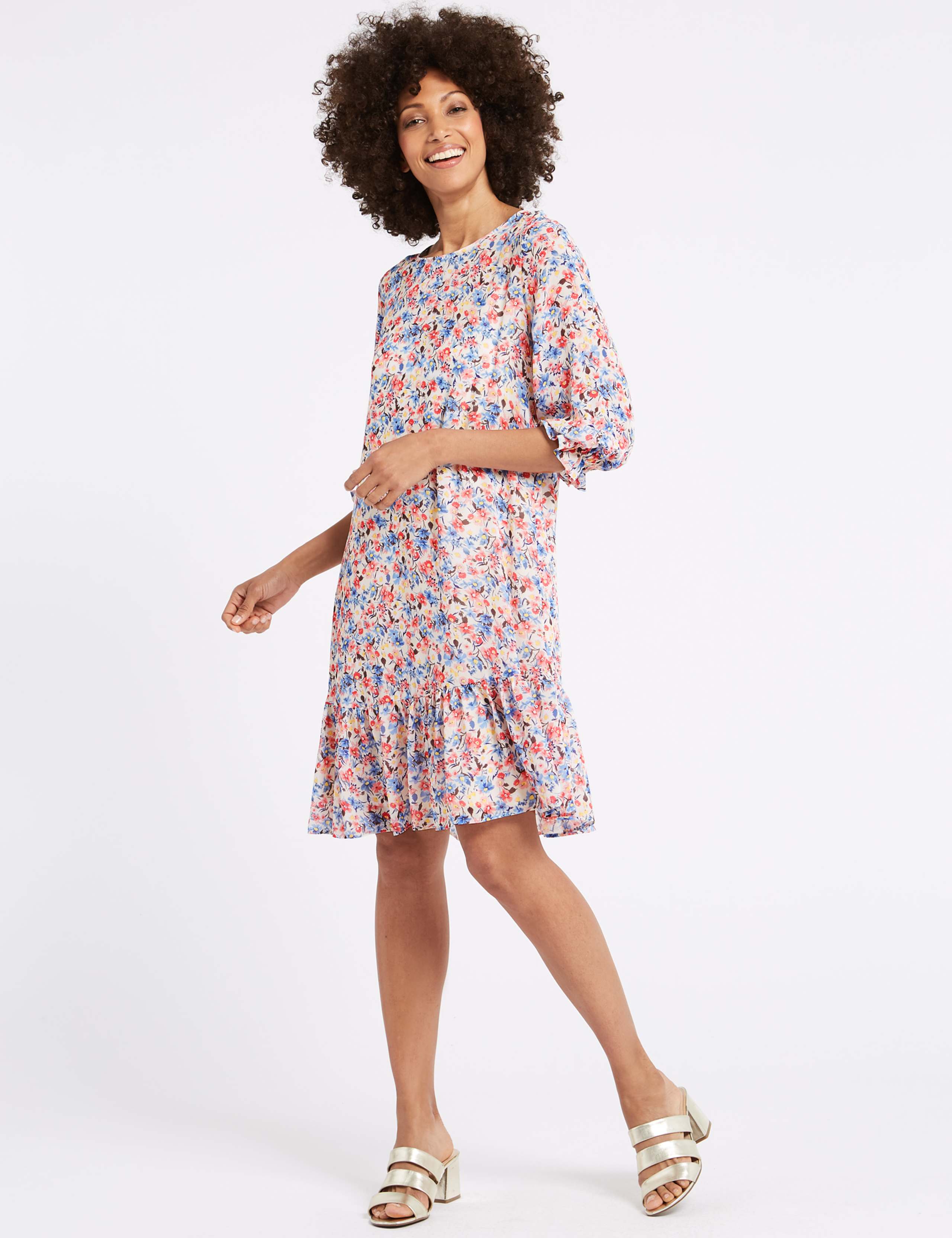Floral Print 3/4 Sleeve Tunic Dress 1 of 4