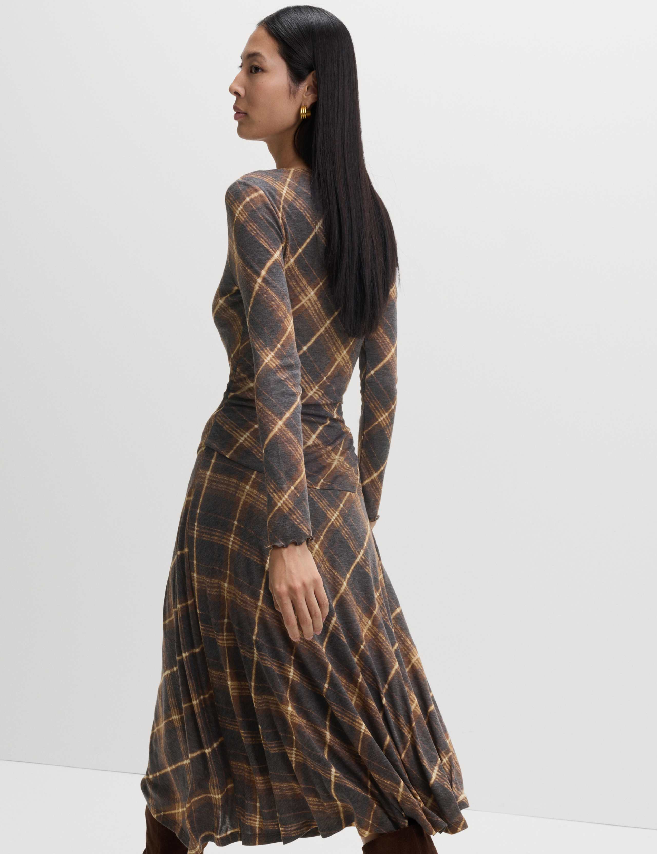Lyocell Blend Checked Dropped Waist Midi Dress 4 of 6