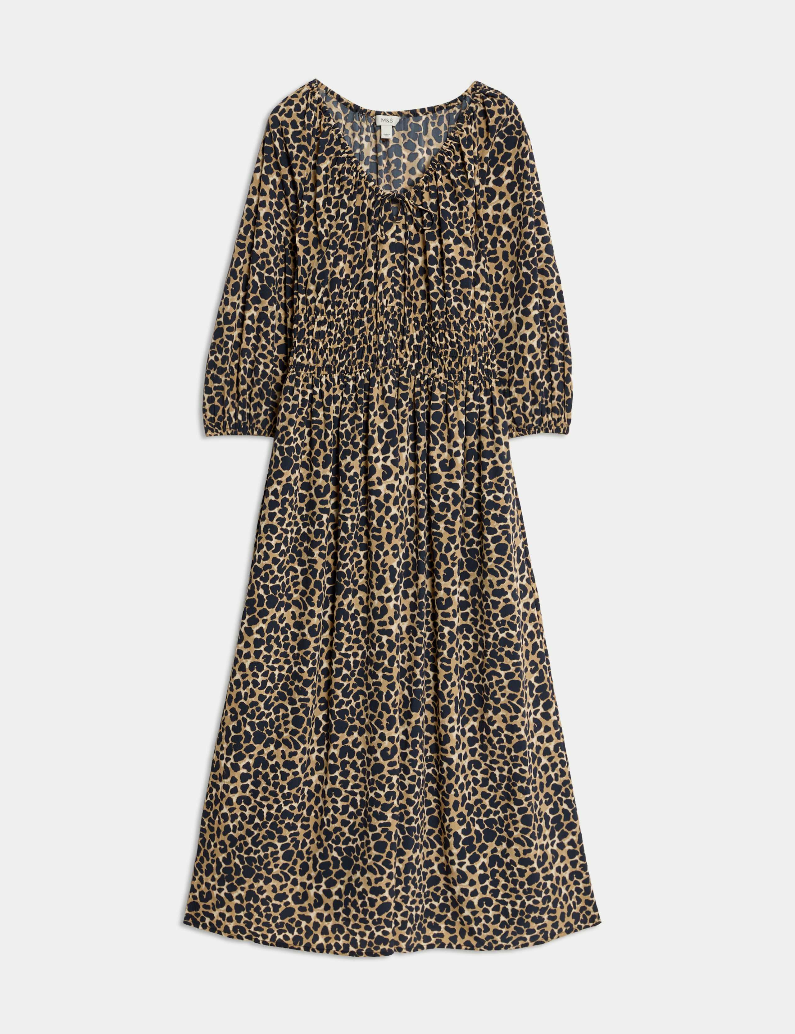 Animal Print V-Neck Ruched Midi Waisted Dress 2 of 6