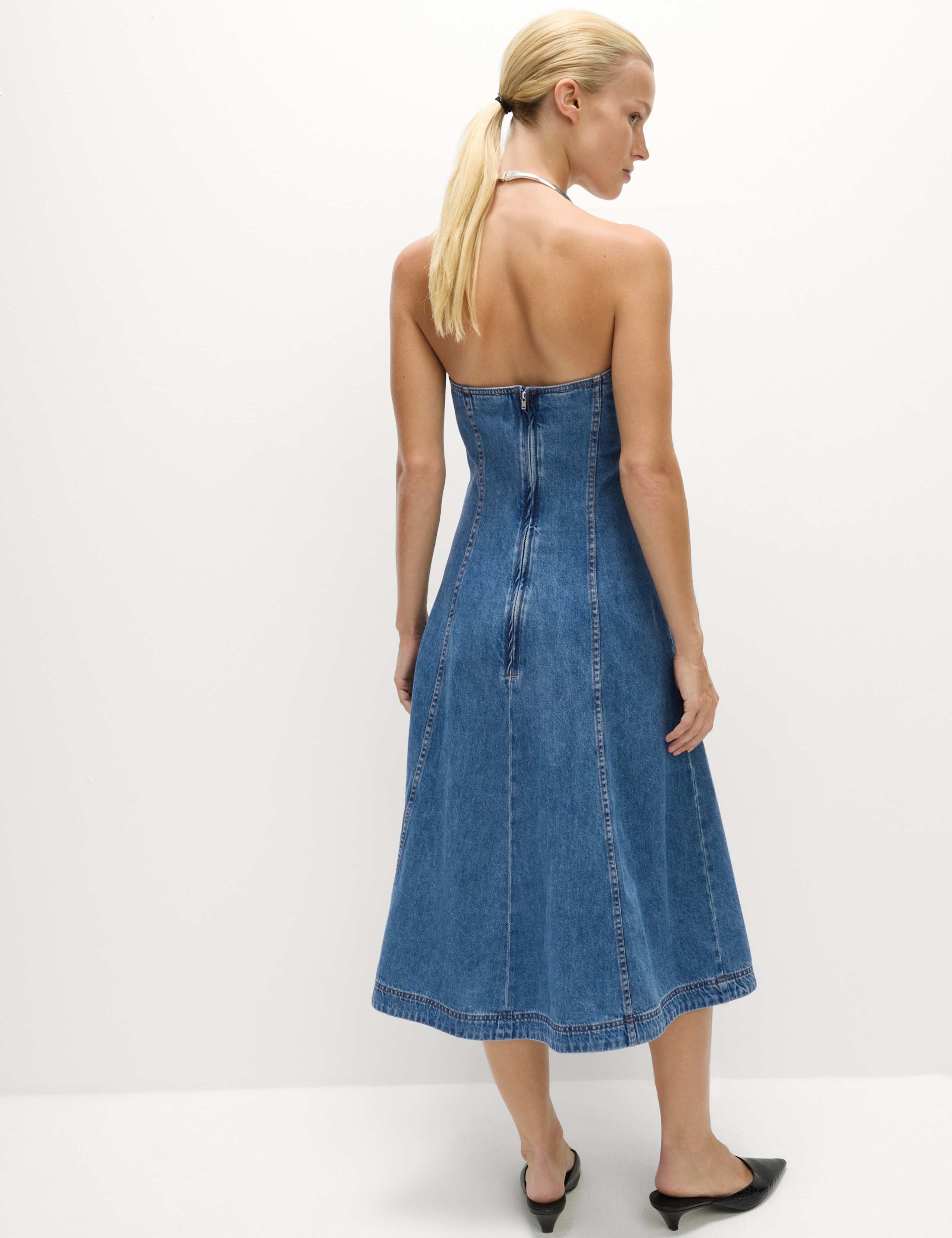 Denim Bandeau Midi Skater Dress 3 of 5