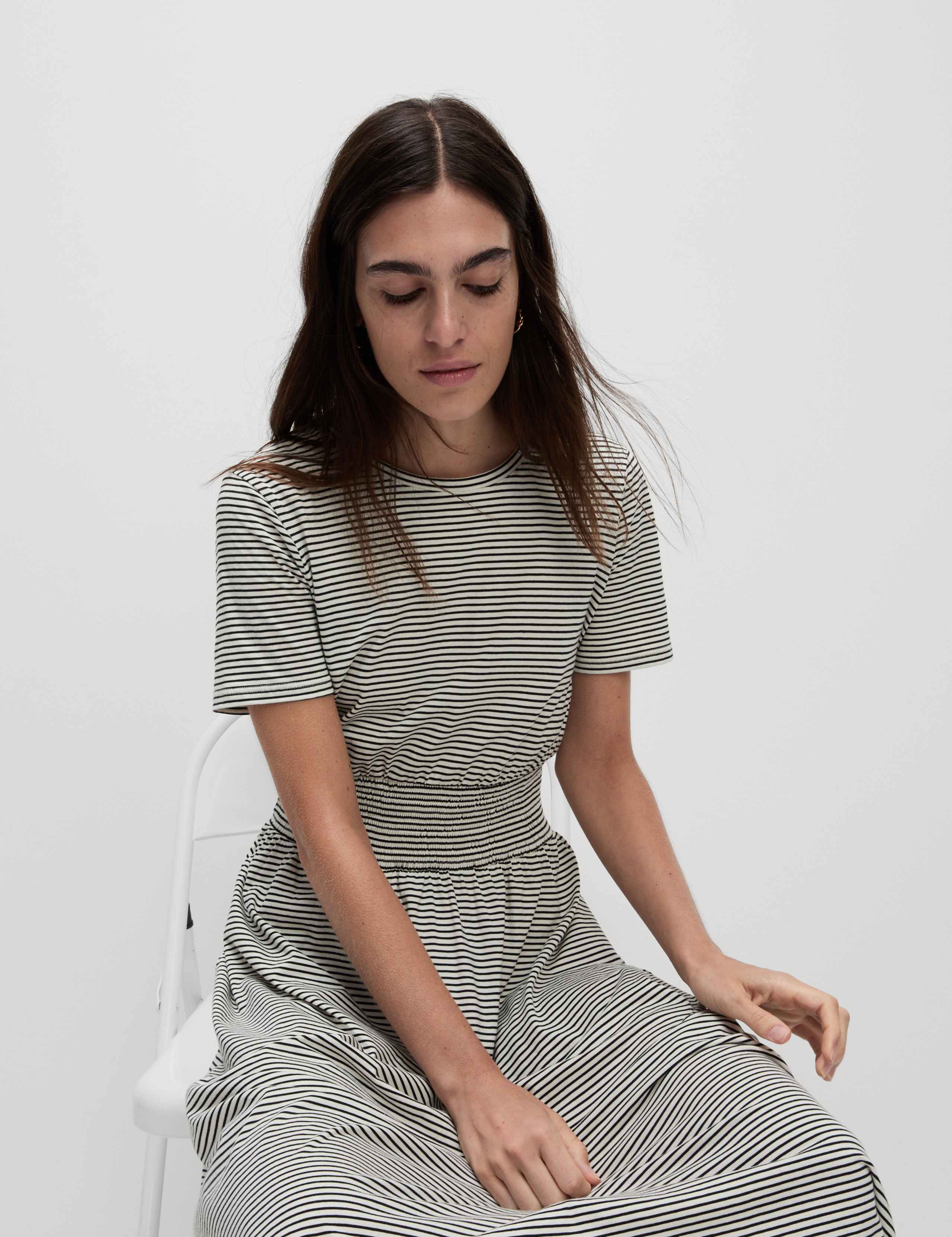 Pure Cotton Striped Midi Shirred Dress 1 of 4