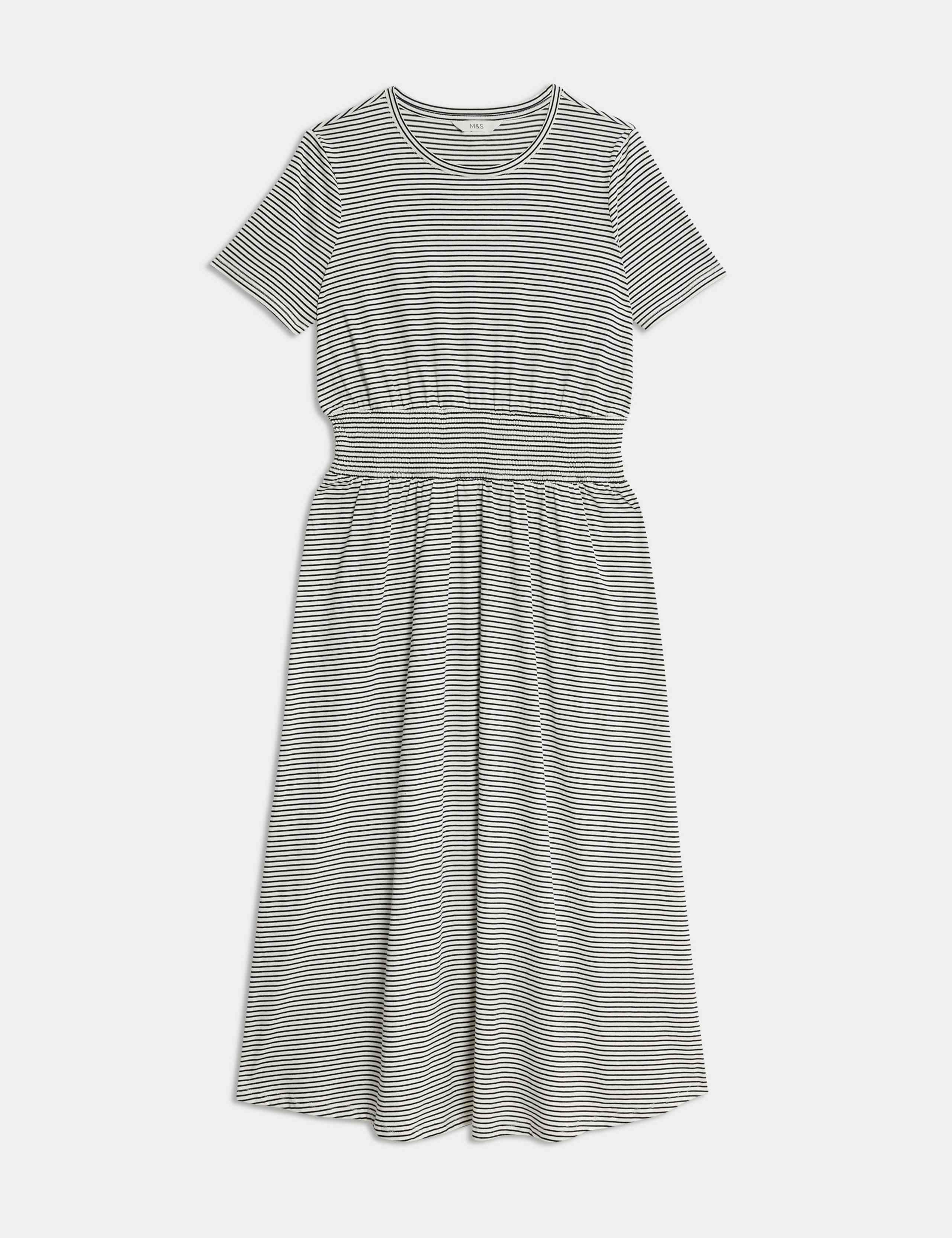Pure Cotton Striped Midi Shirred Dress 2 of 4