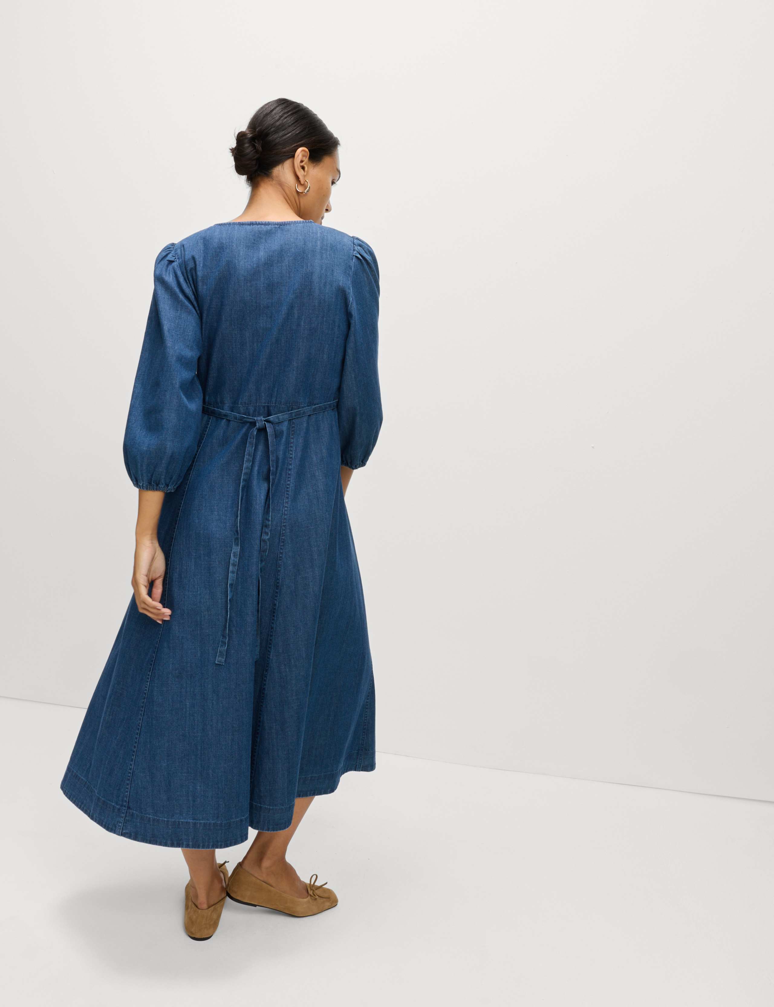 Denim V-Neck Tie Waist Midi Tea Dress 6 of 7