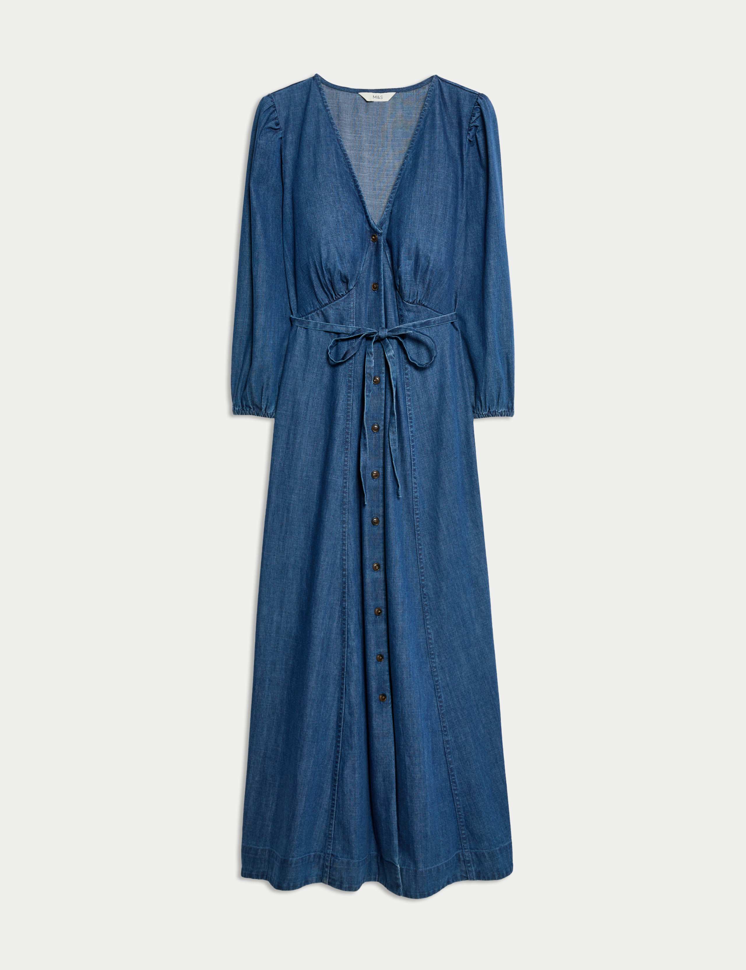 Denim V-Neck Tie Waist Midi Tea Dress 2 of 7