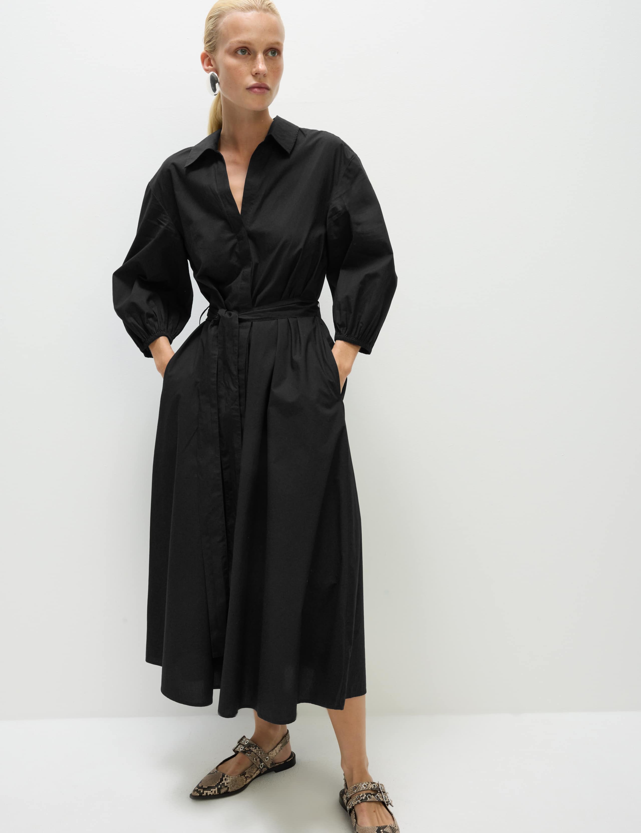 Pure Cotton V-Neck Midi Shirt Dress 4 of 6