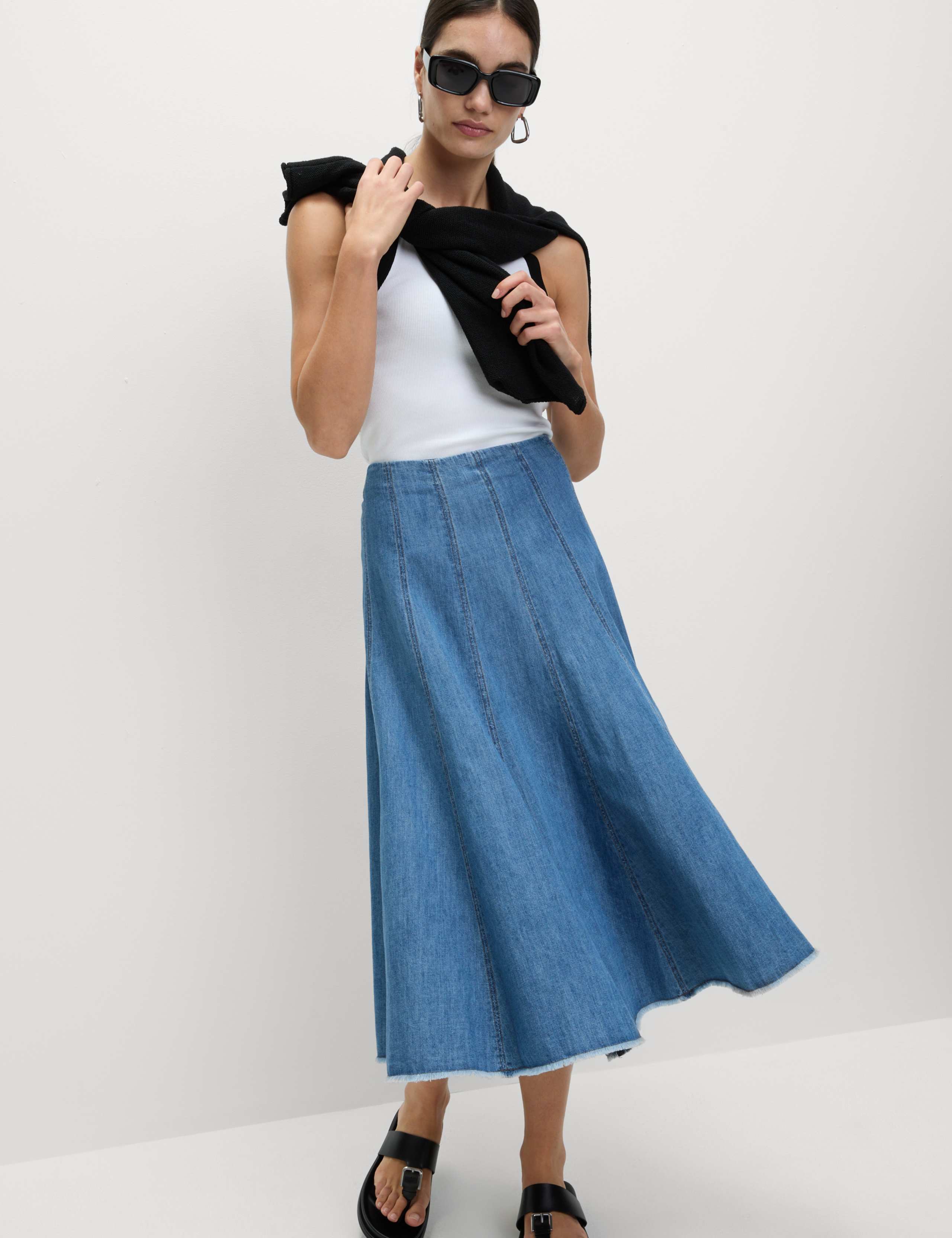 Denim Seam Detail Midi A-Line Skirt 1 of 4