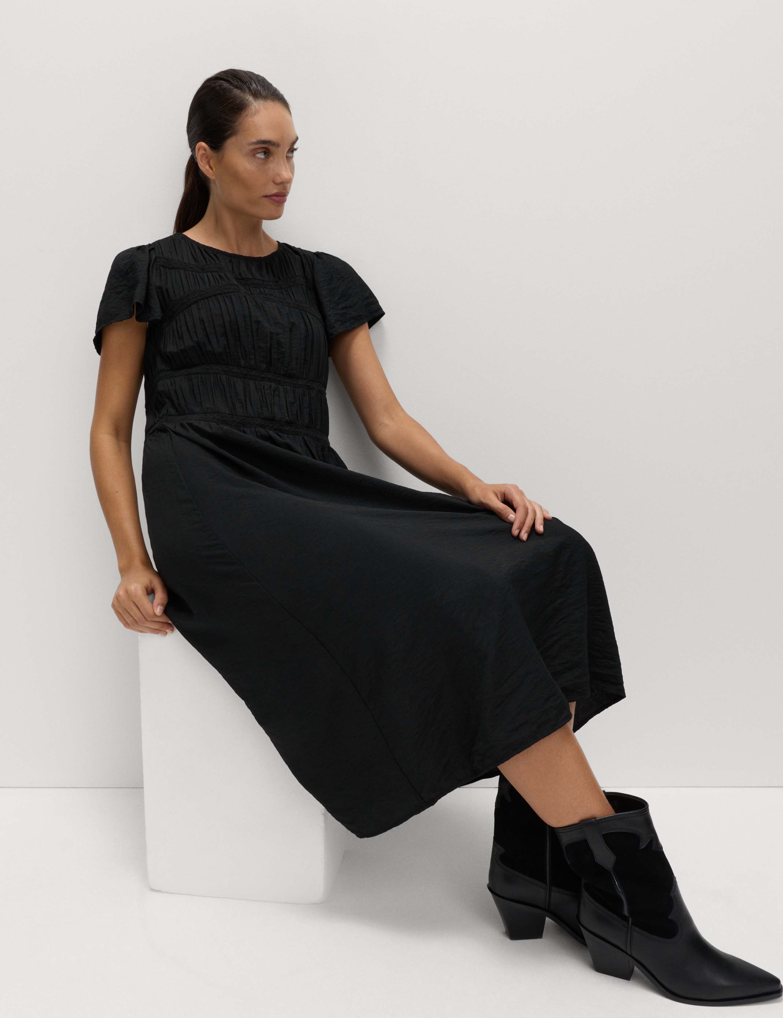 Angel Sleeve Midi Shirred Waisted Dress 6 of 6
