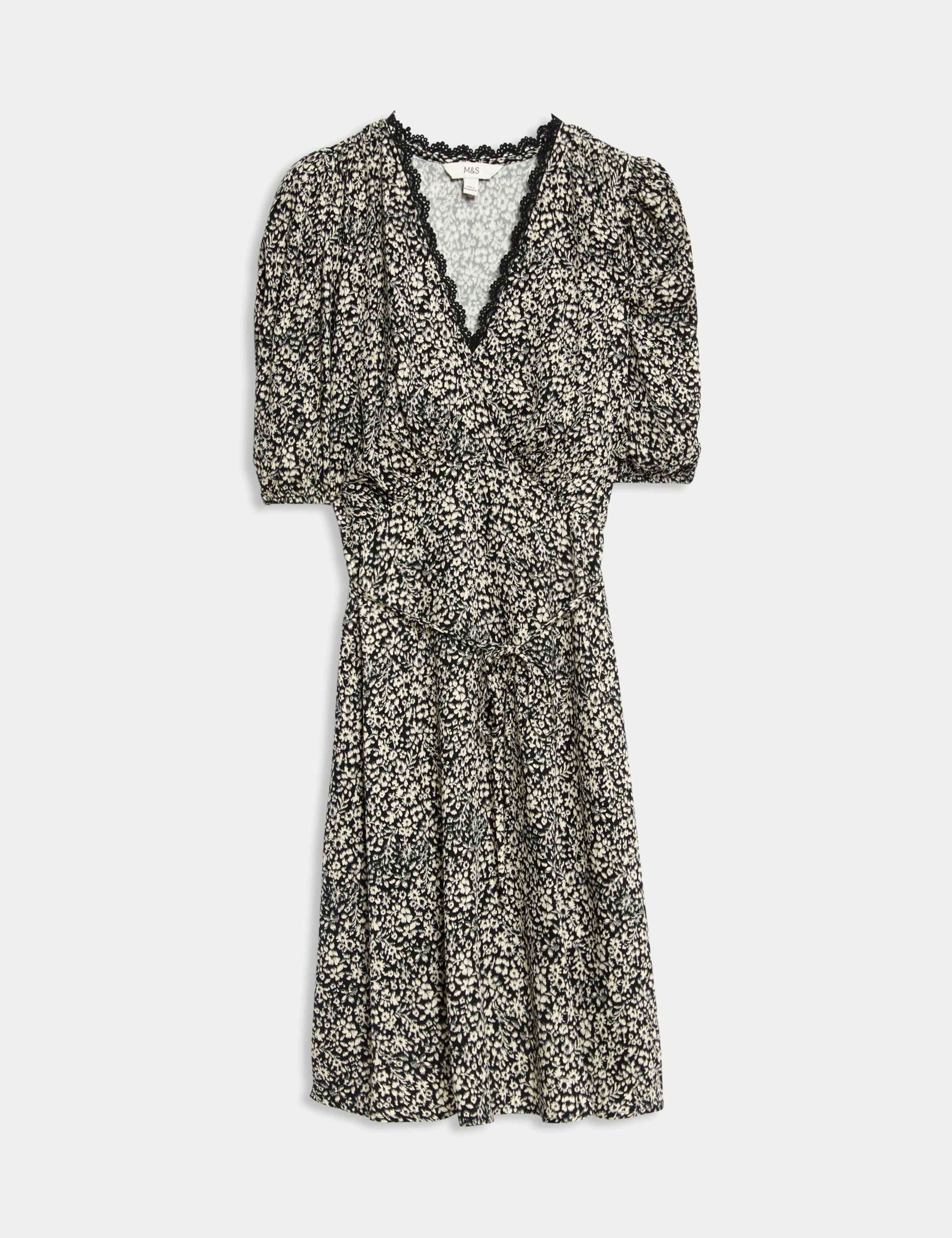 Printed V-Neck Tie Waist Mini Tea Dress 2 of 5