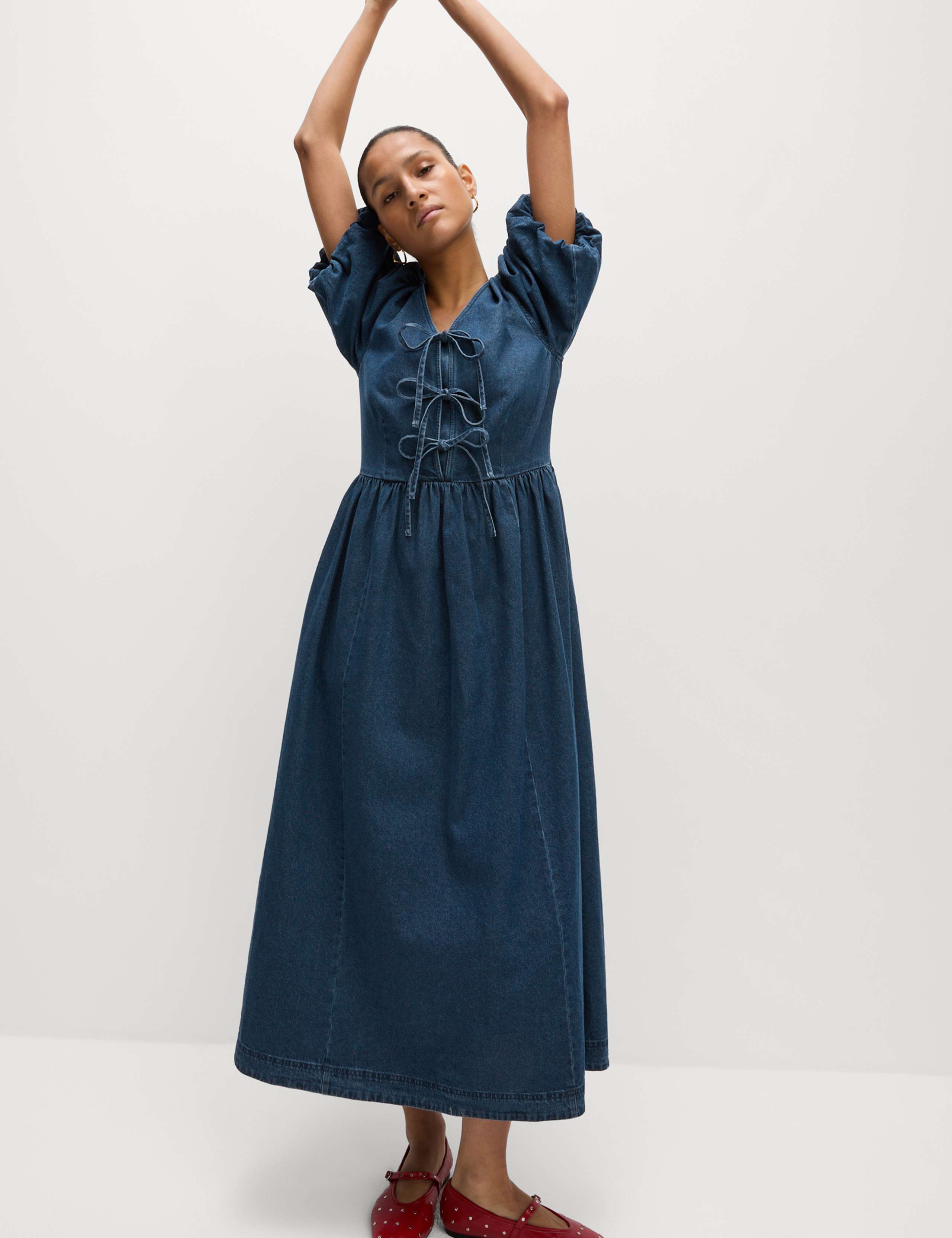 Denim V-Neck Tie Detail Midi Waisted Dress 4 of 7