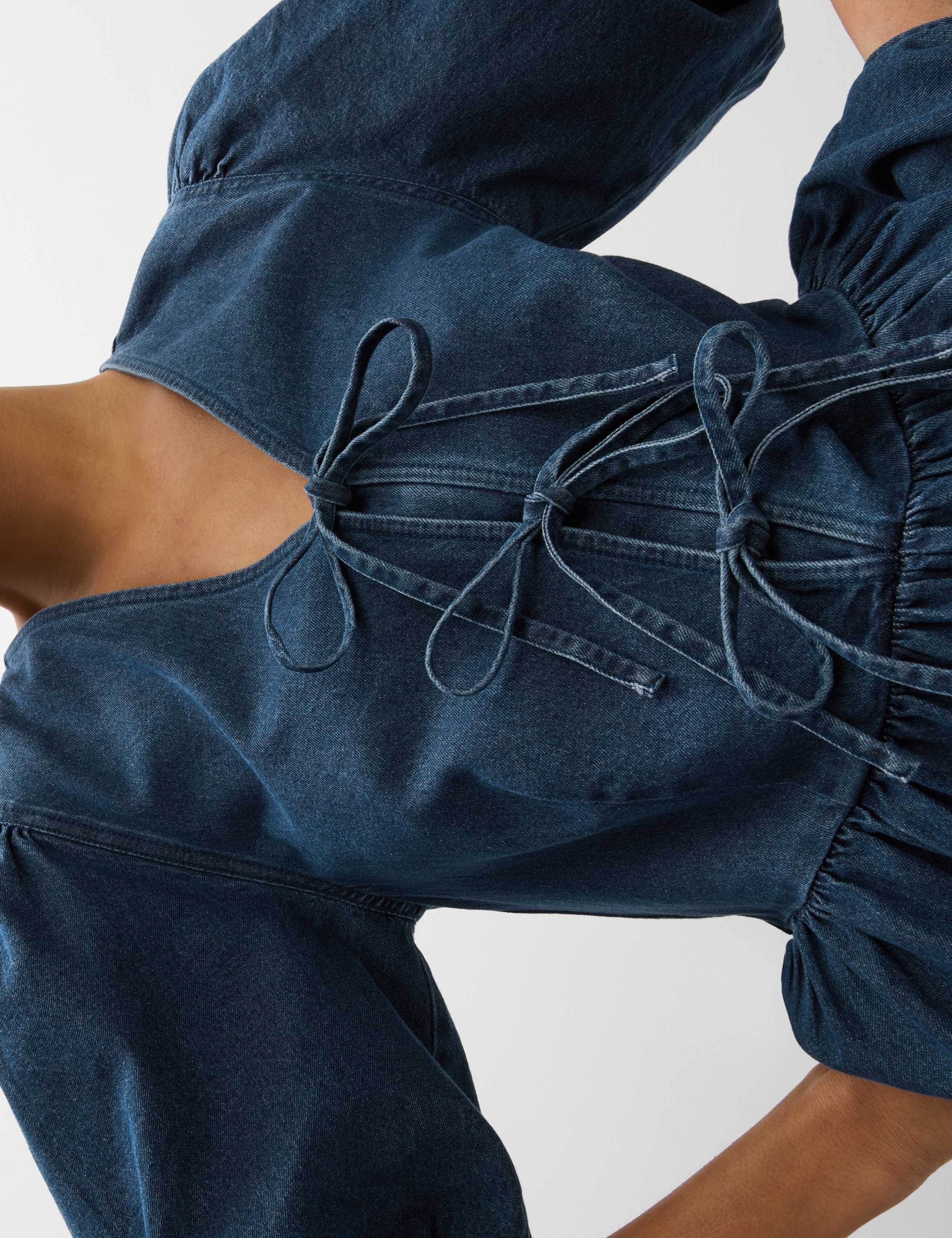 Denim V-Neck Tie Detail Midi Waisted Dress 6 of 7