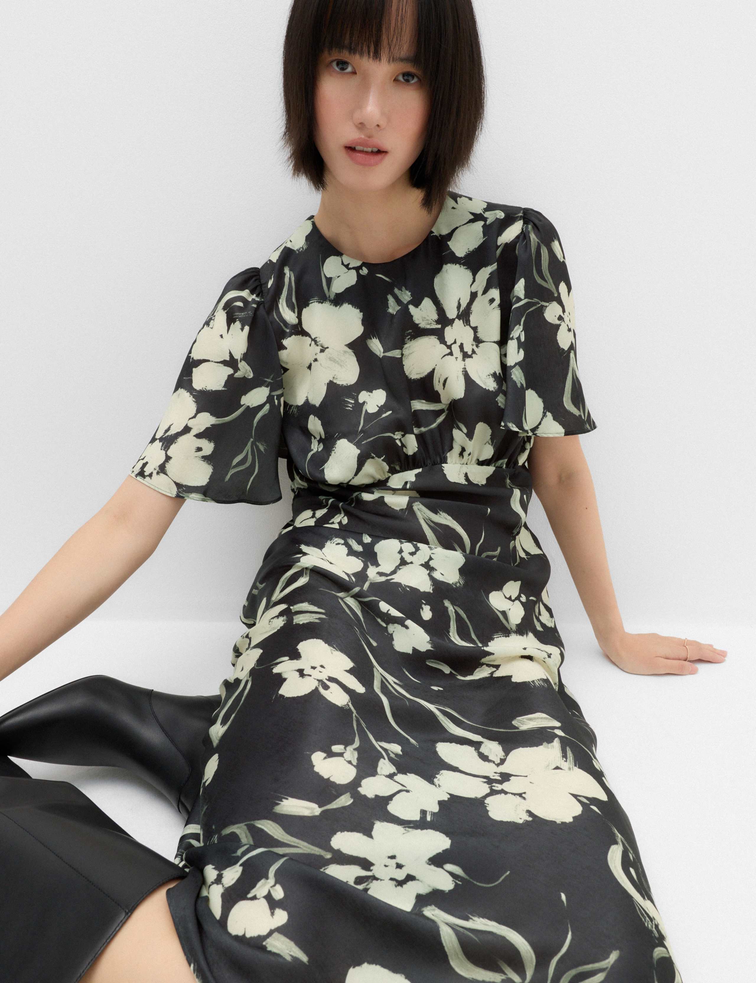 Satin Floral Empire Line Midi Waisted Dress 3 of 7