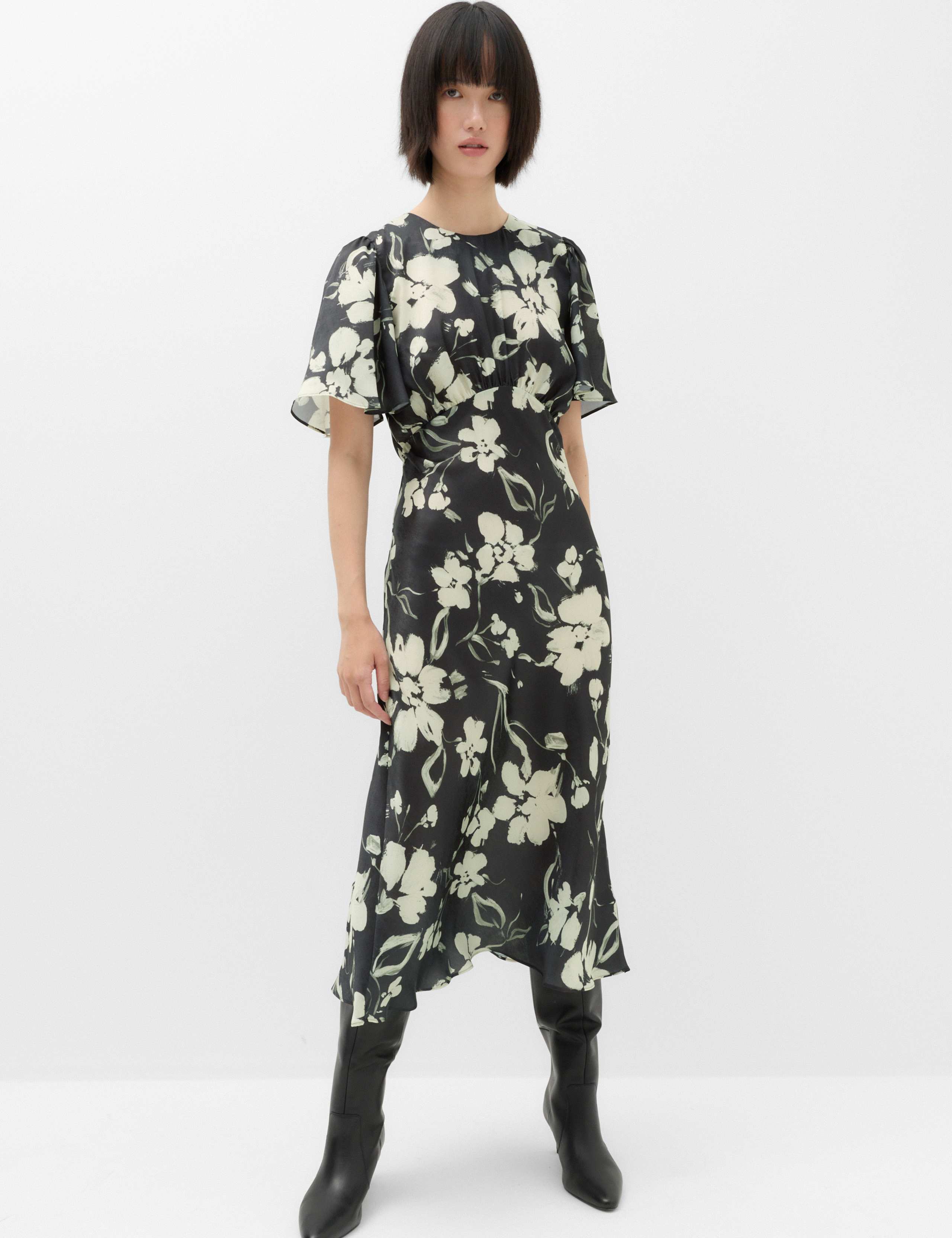 Satin Floral Empire Line Midi Waisted Dress 6 of 7