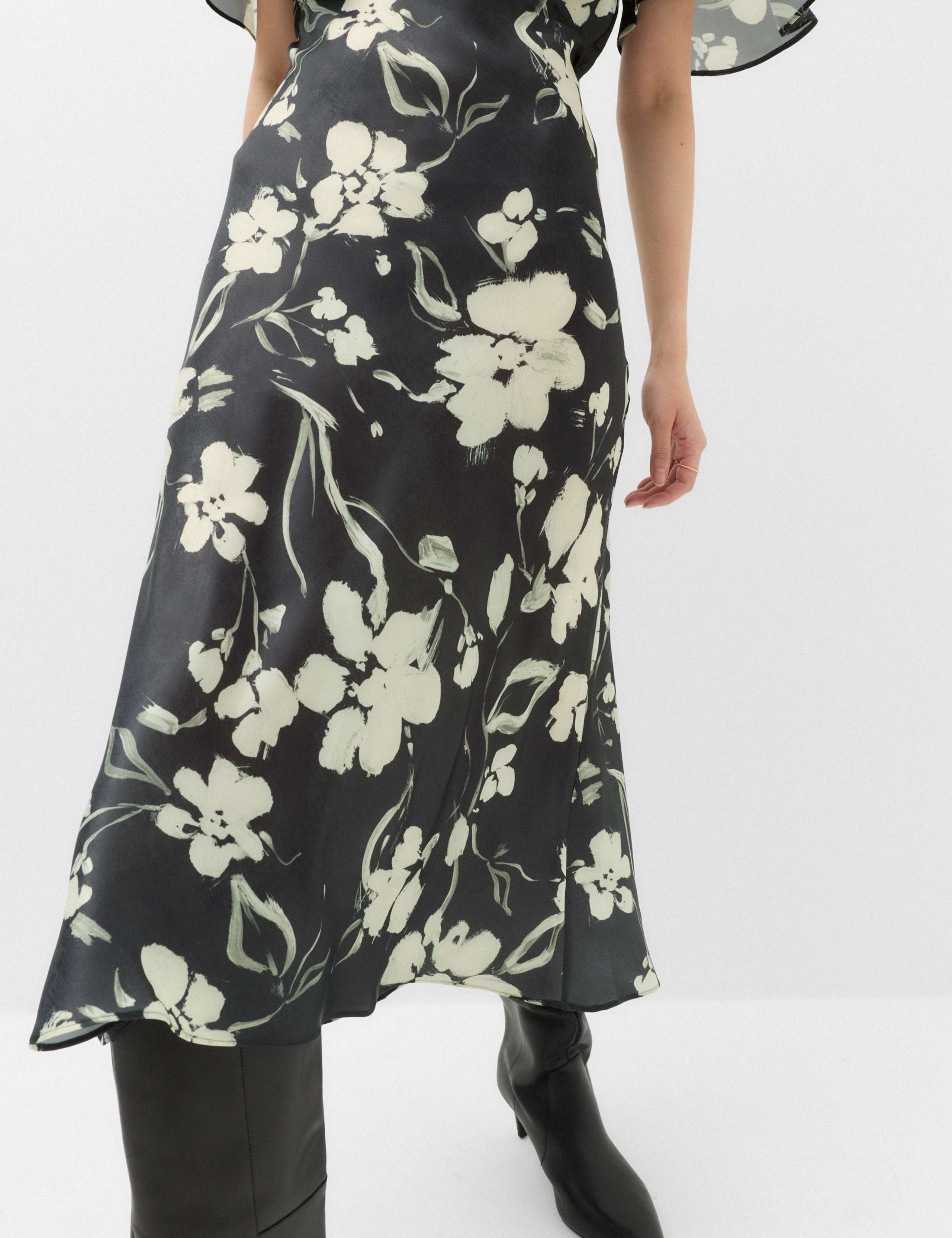 Satin Floral Empire Line Midi Waisted Dress 7 of 7