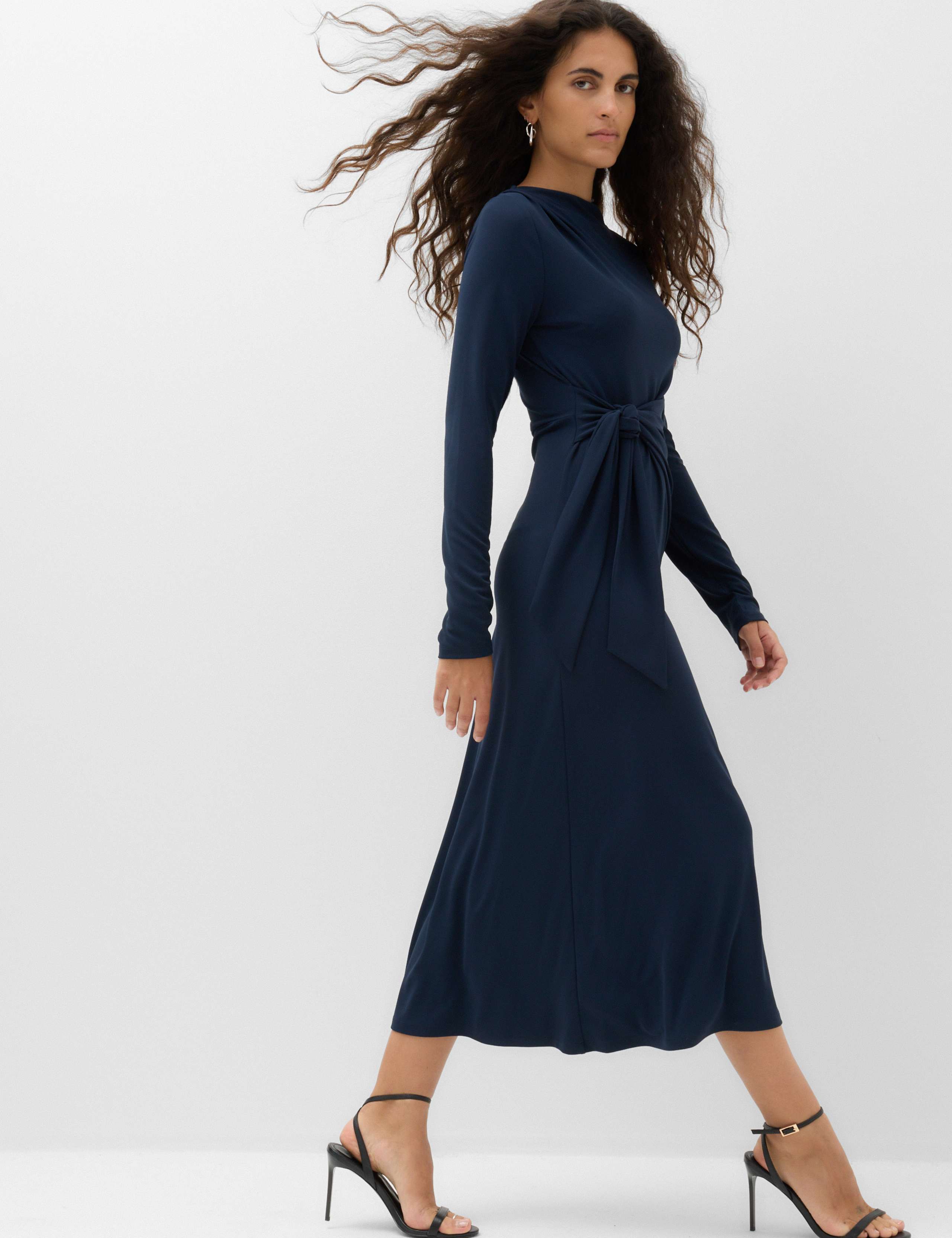 Jersey Tie Waist Slash Neck Midi Waisted Dress 1 of 7