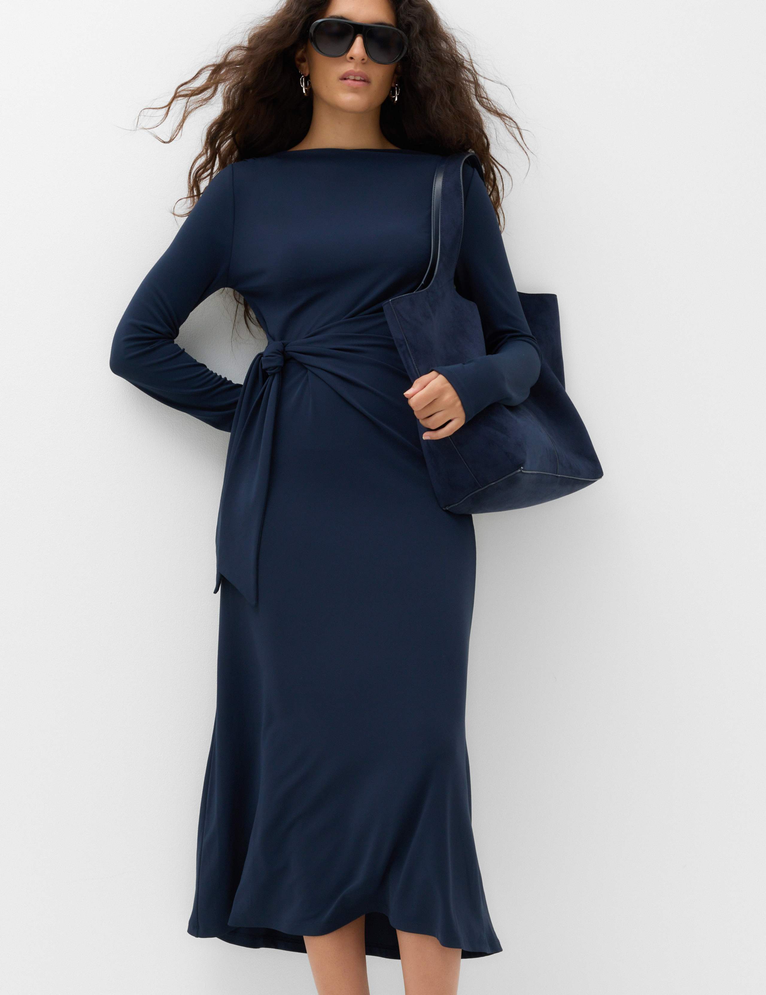 Jersey Tie Waist Slash Neck Midi Waisted Dress 3 of 7
