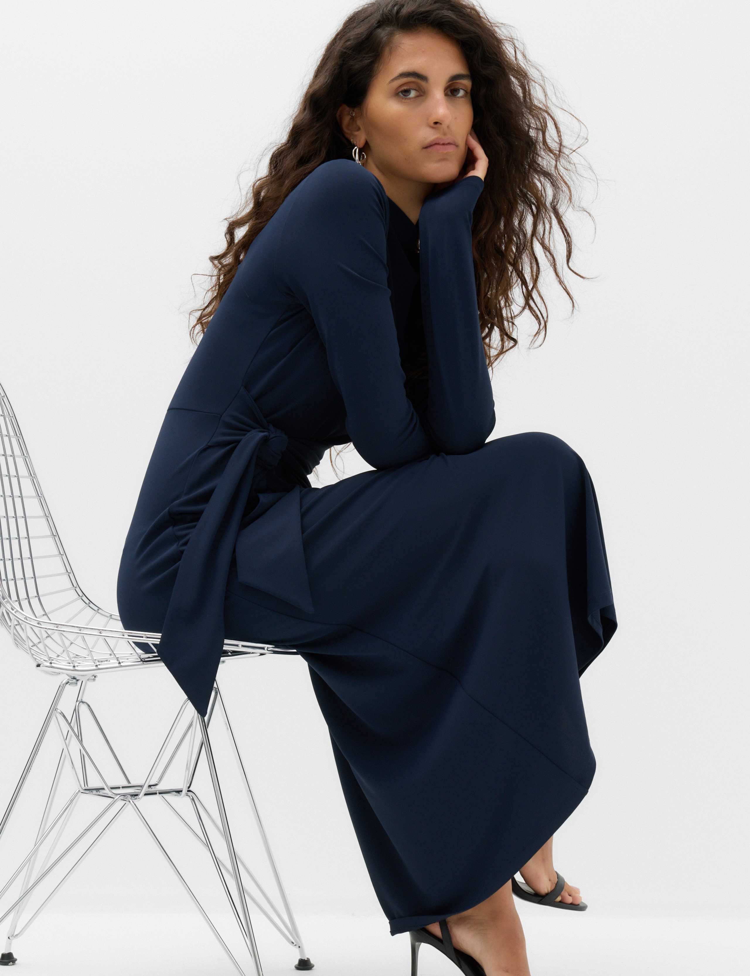 Jersey Tie Waist Slash Neck Midi Waisted Dress 5 of 7