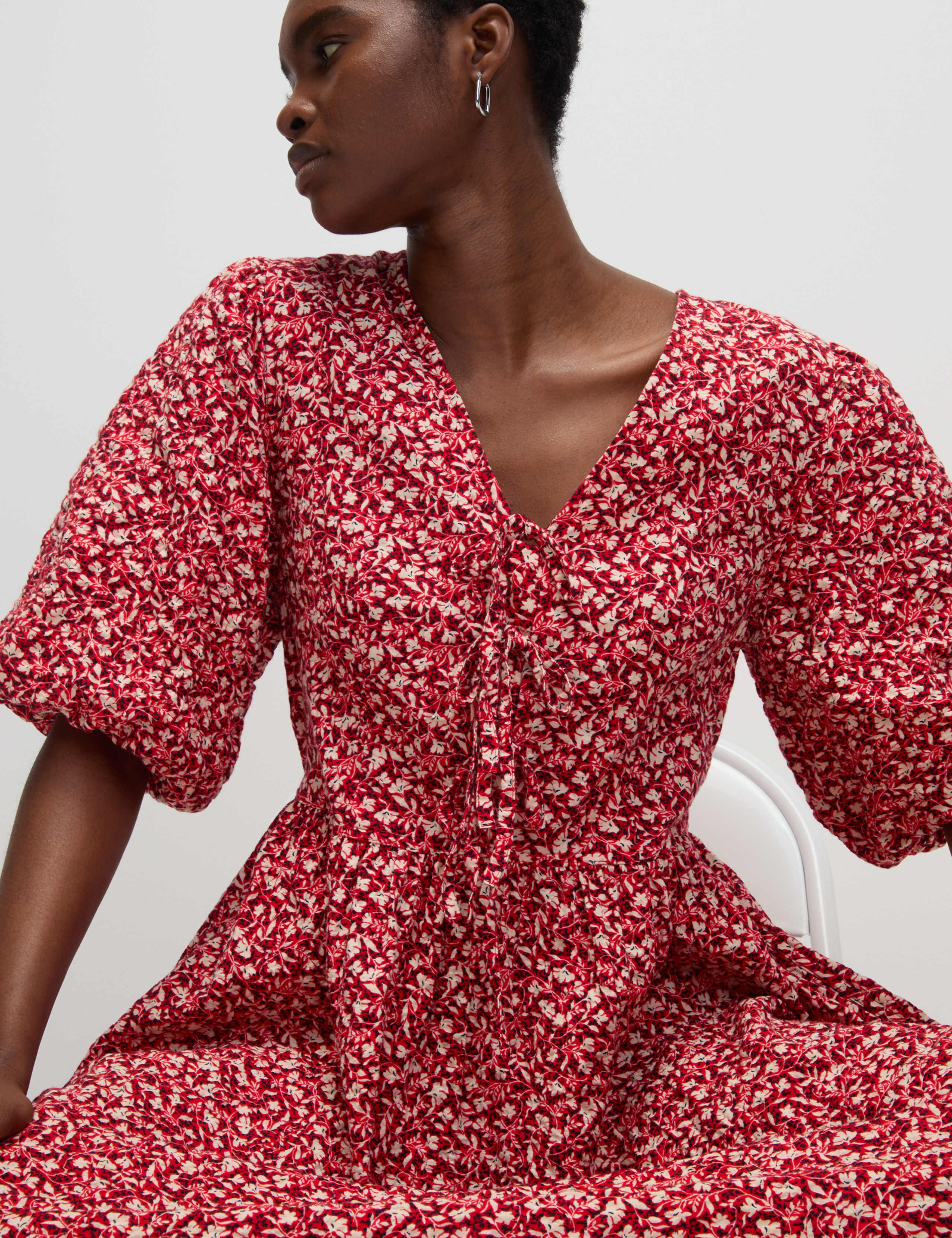 Cotton Rich Floral V-Neck Midi Waisted Dress 1 of 5