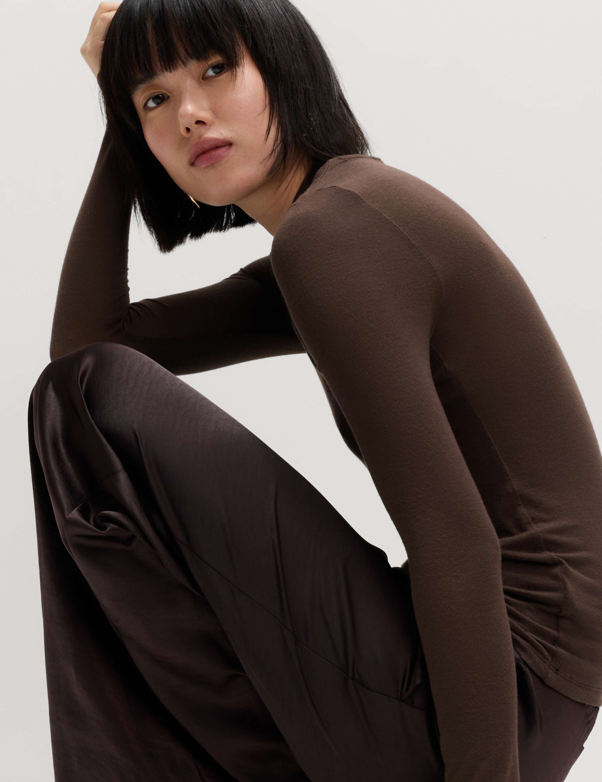 Jersey High Neck Long Sleeve Top with Stretch 1 of 6