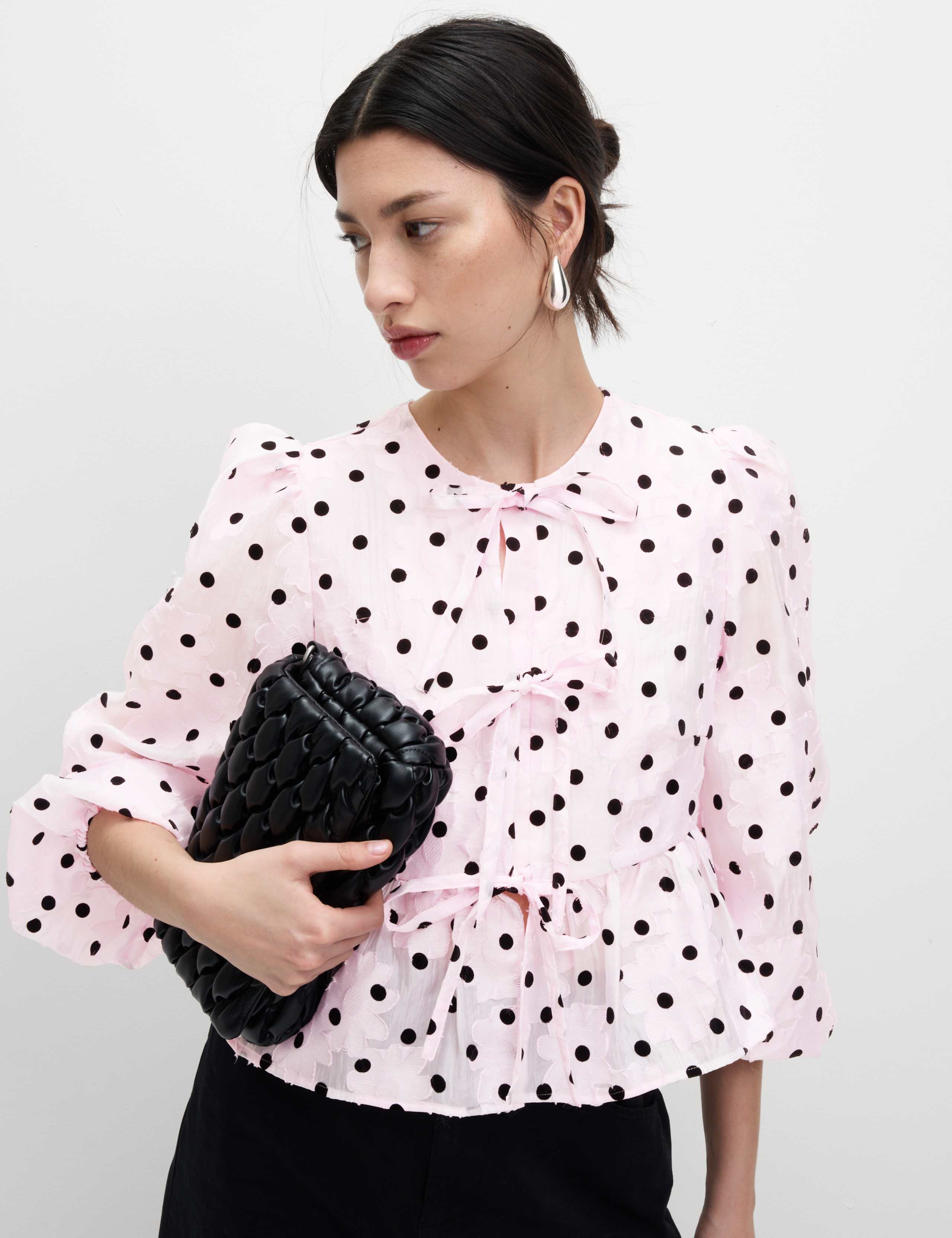 Polka Dot Tie Front Puff Sleeve Blouse 1 of 7