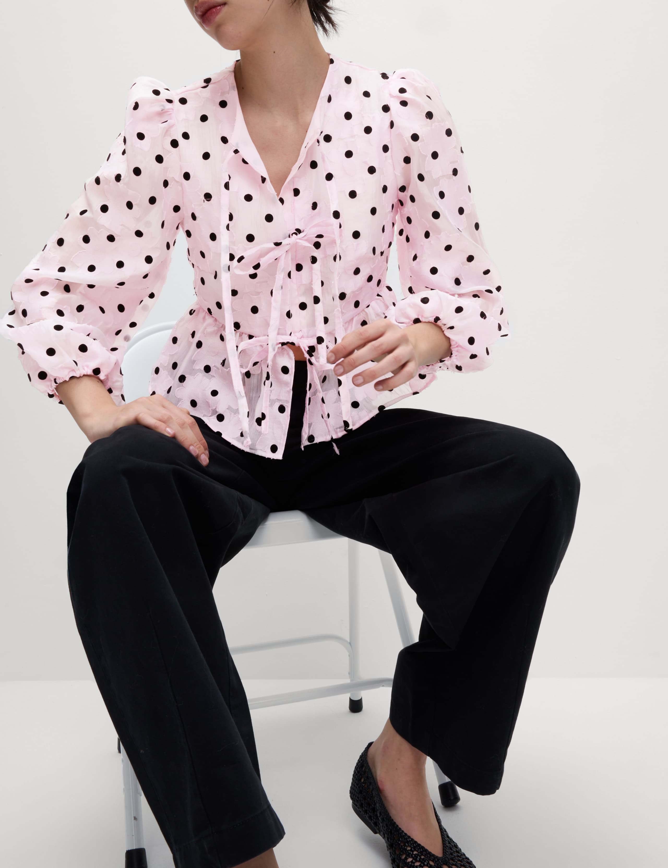 Polka Dot Tie Front Puff Sleeve Blouse 6 of 7