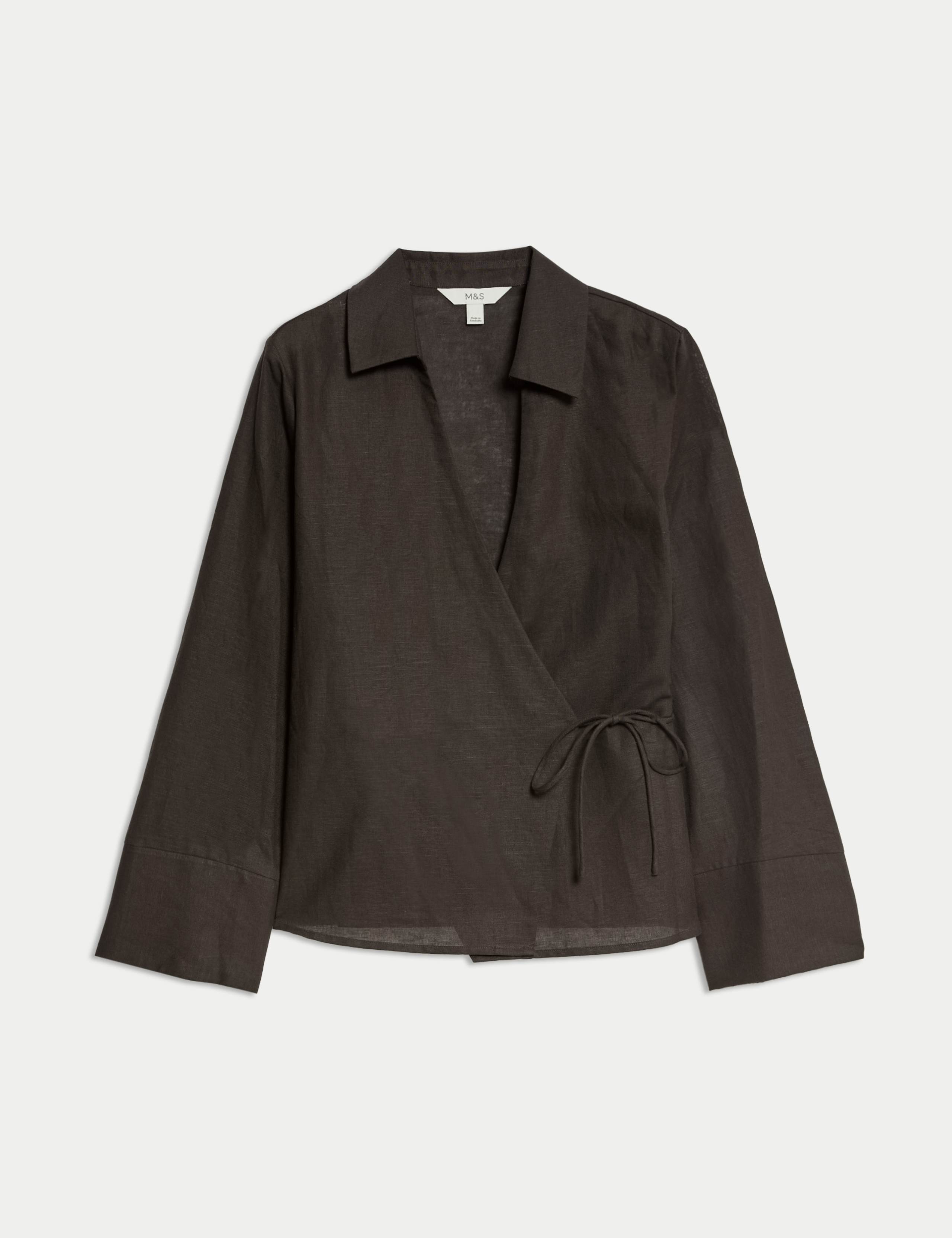 Linen Rich Wrap Tie Detail V-Neck Shirt 2 of 5