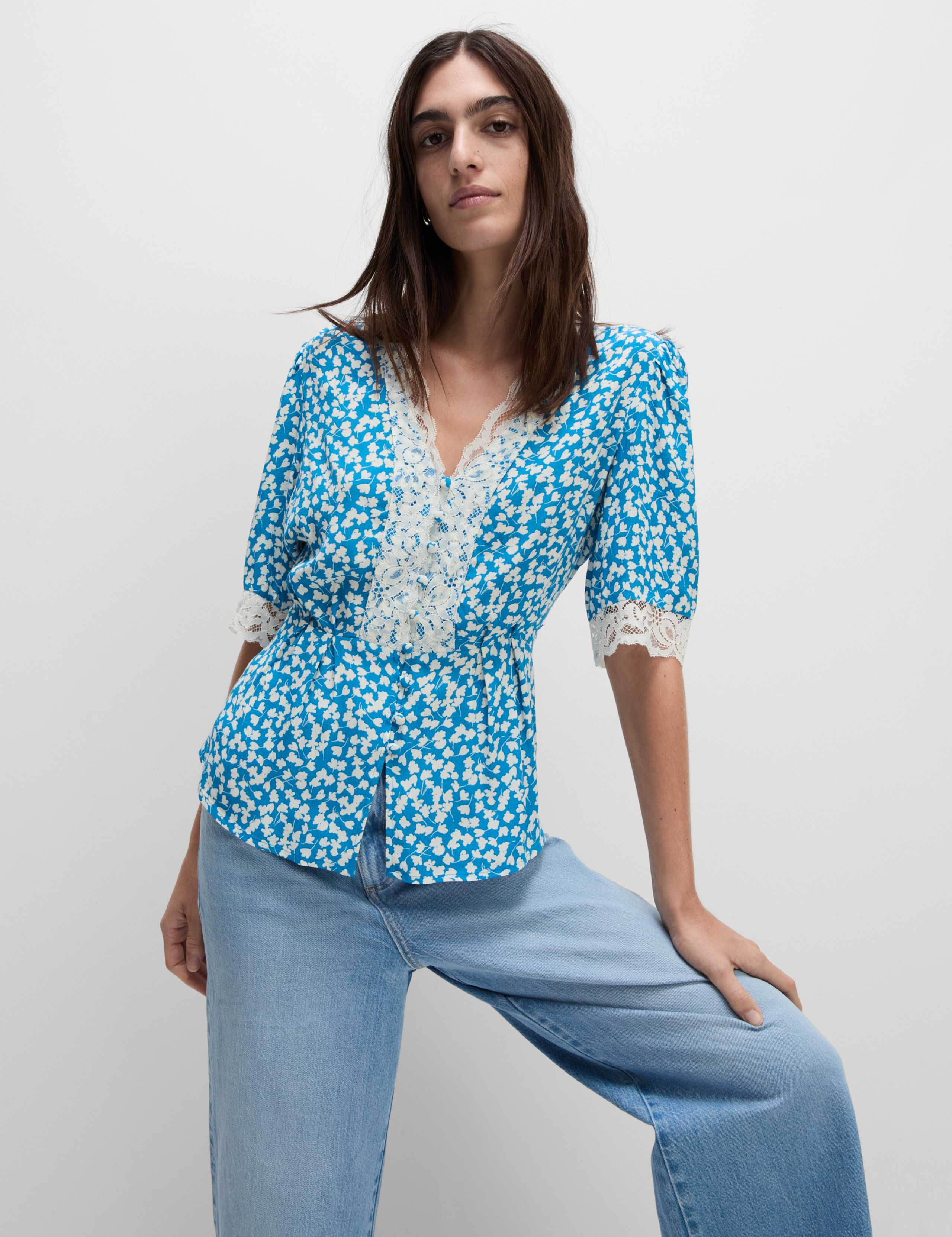 Floral Lace Detail V-Neck Blouse 1 of 5