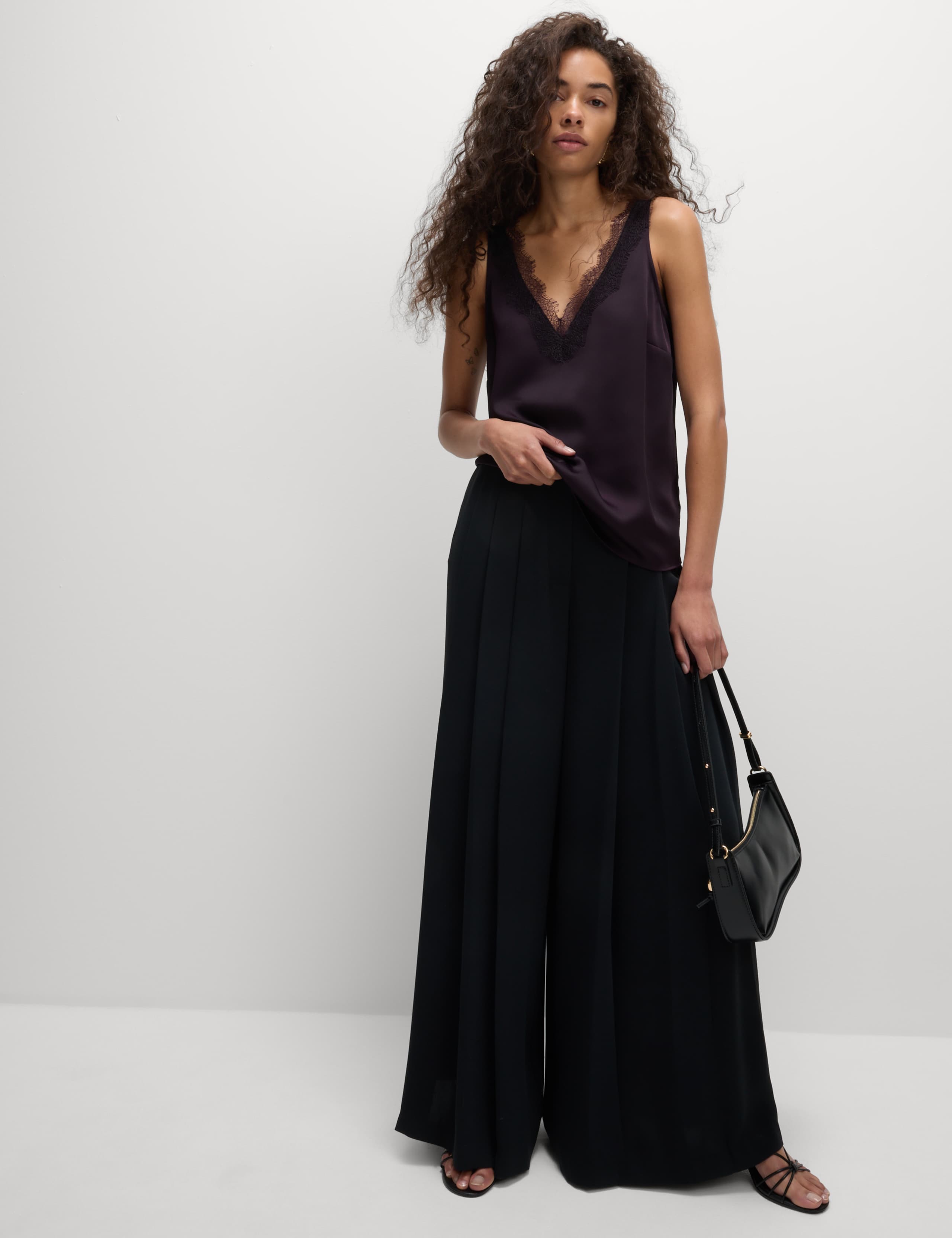 Satin V-Neck Lace Insert Cami Top 1 of 5