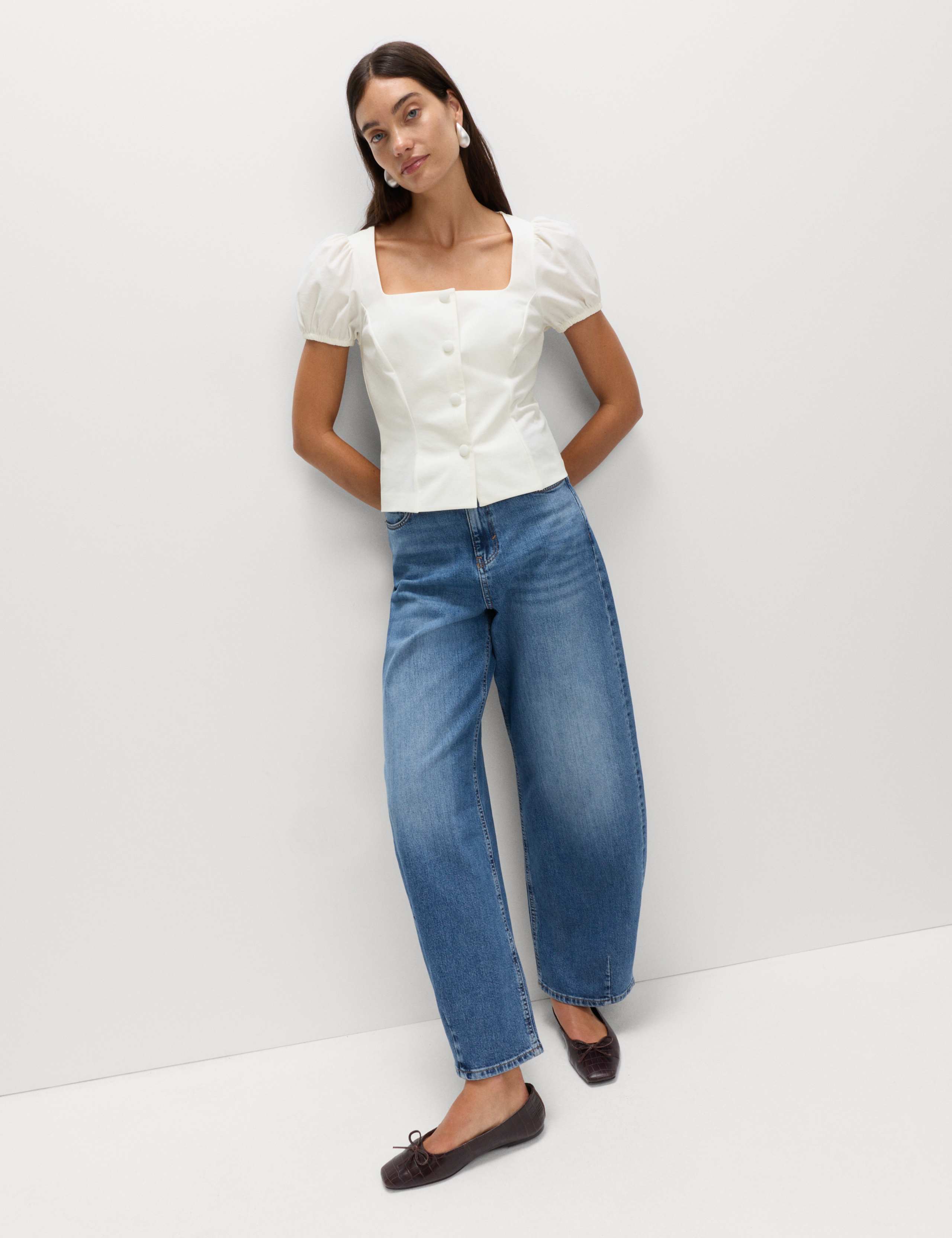 Square Neck Button Through Puff Sleeve Top 3 of 5