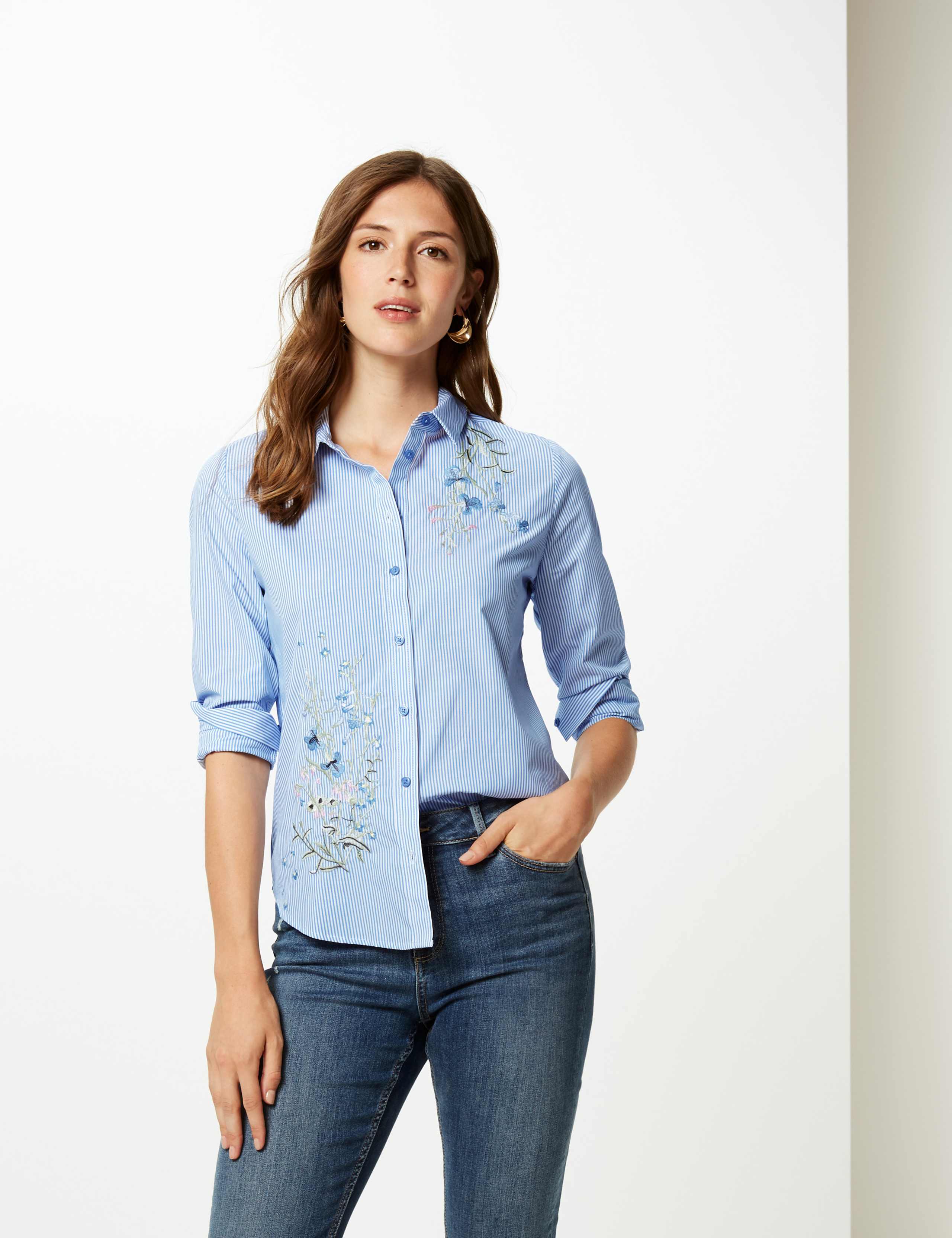 Cotton Rich Striped Floral Embroidered Shirt 1 of 5
