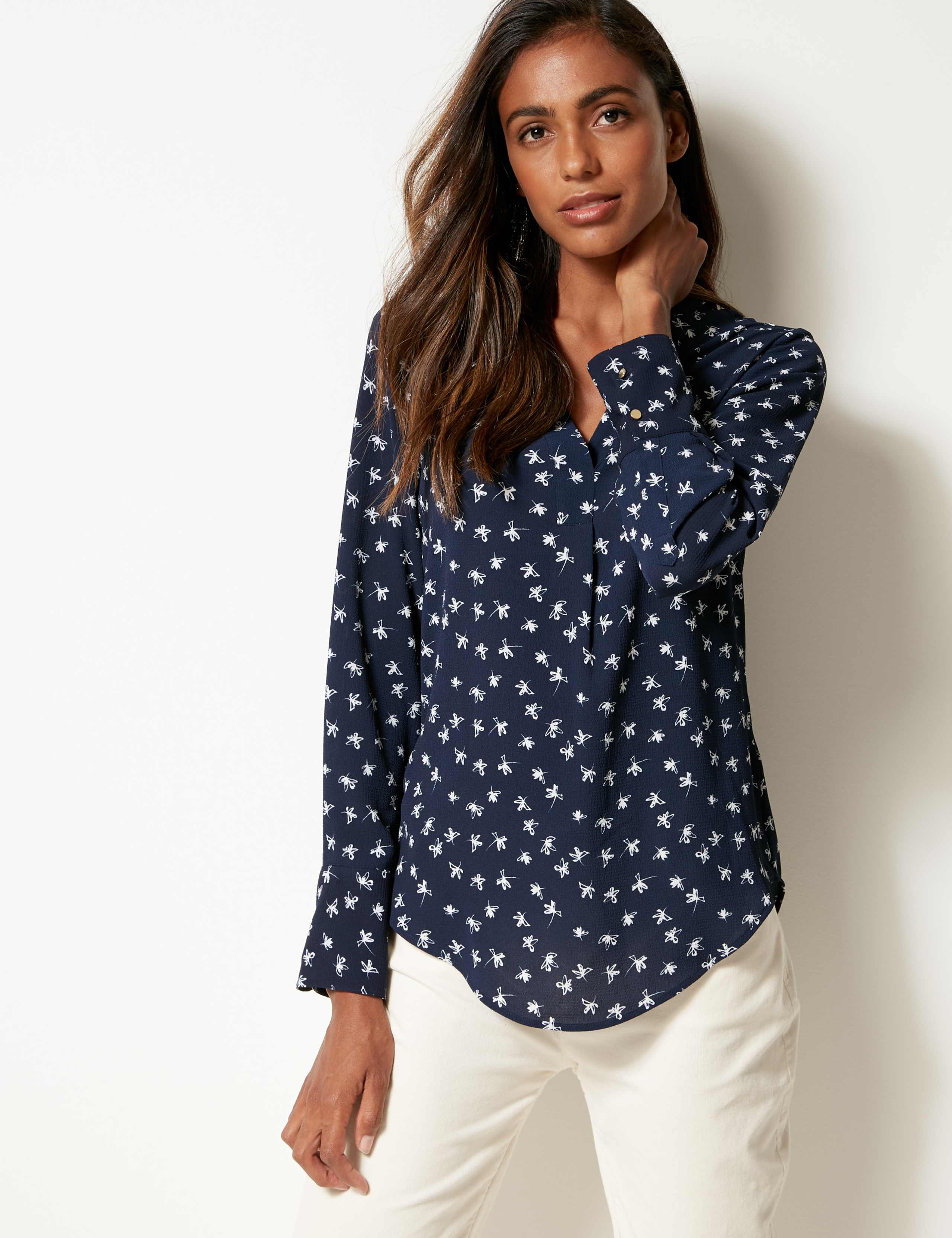 Notch Neck Long Sleeve Blouse 1 of 4
