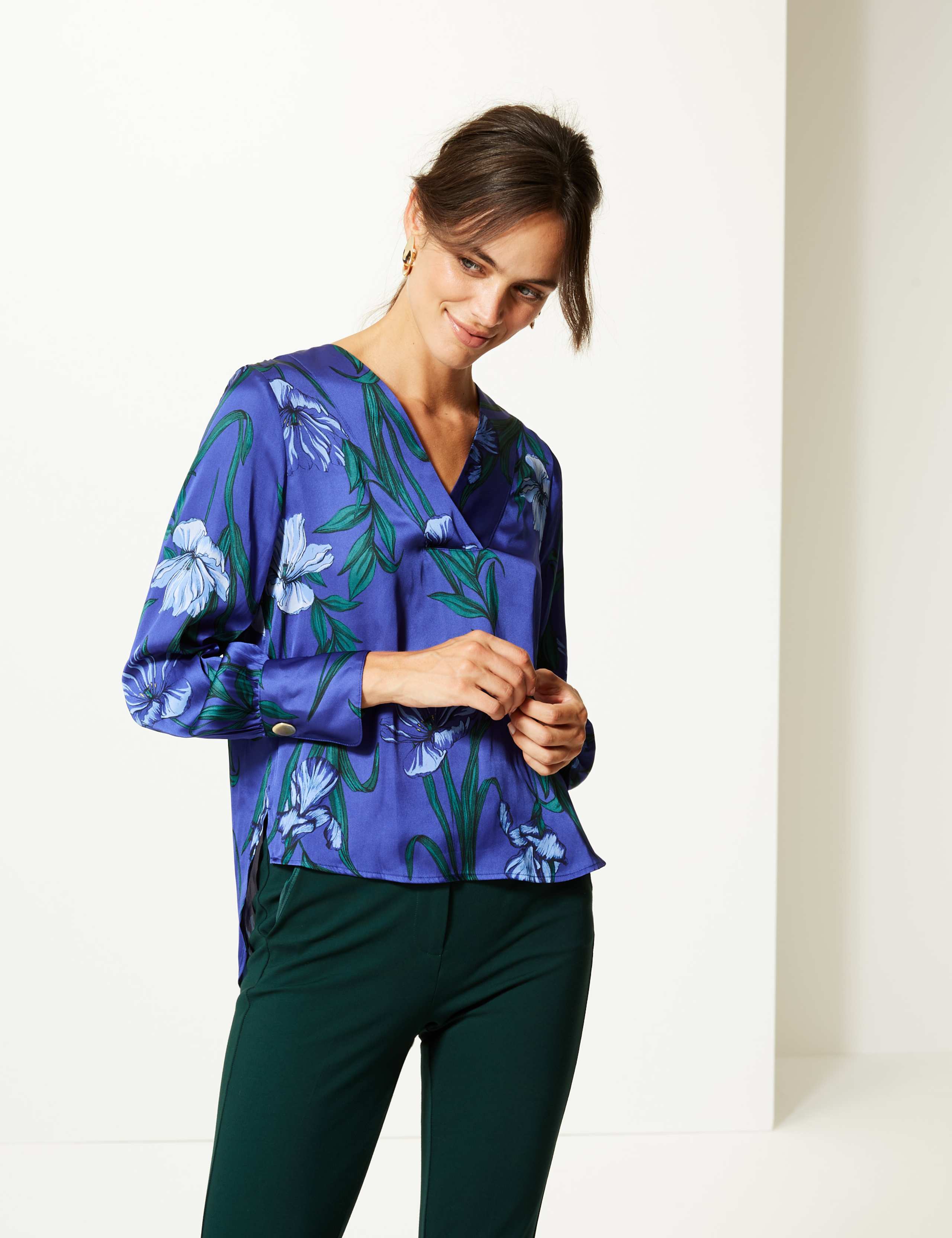 Satin Floral Print V-Neck Long Sleeve Blouse 1 of 5