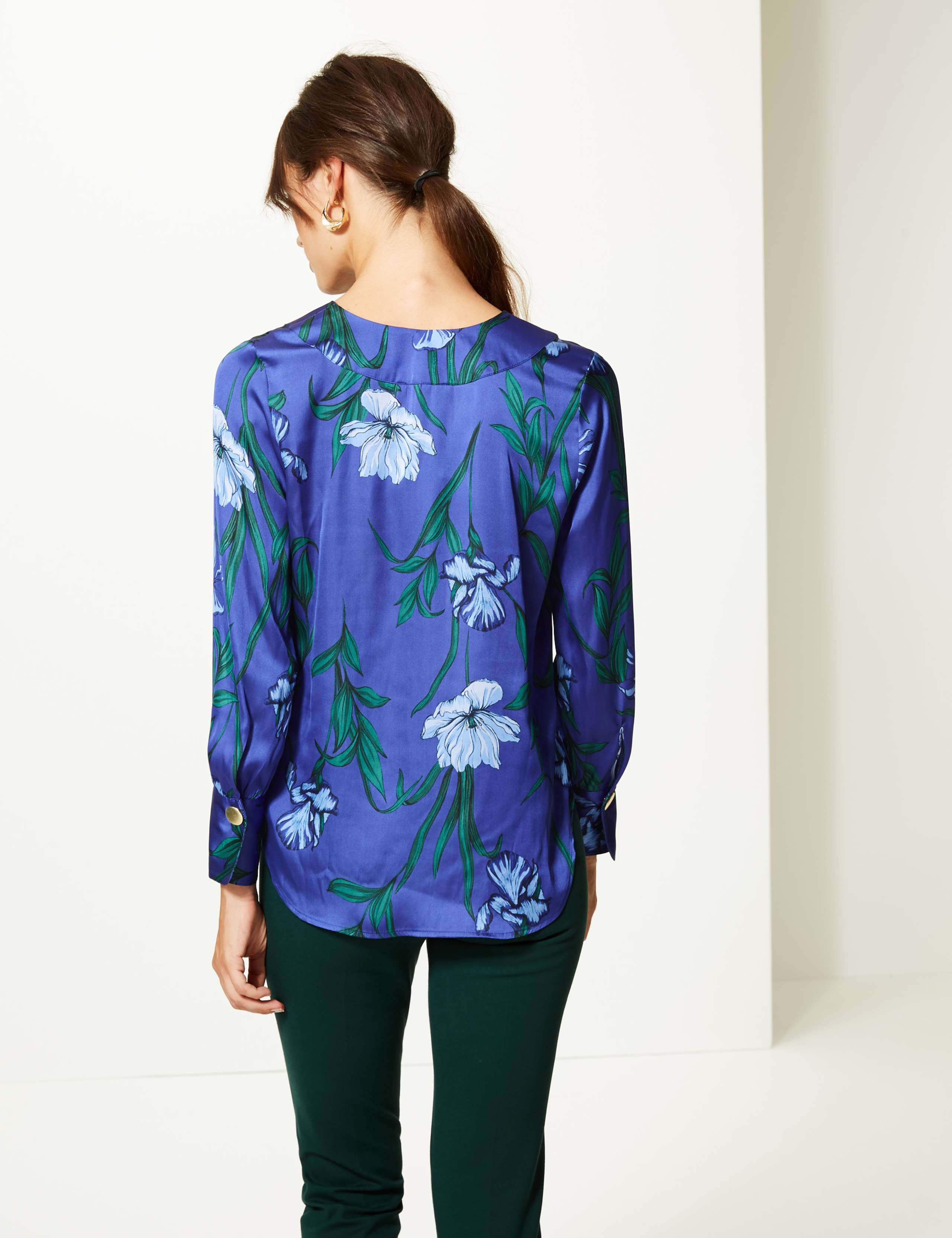 Satin Floral Print V-Neck Long Sleeve Blouse 4 of 5
