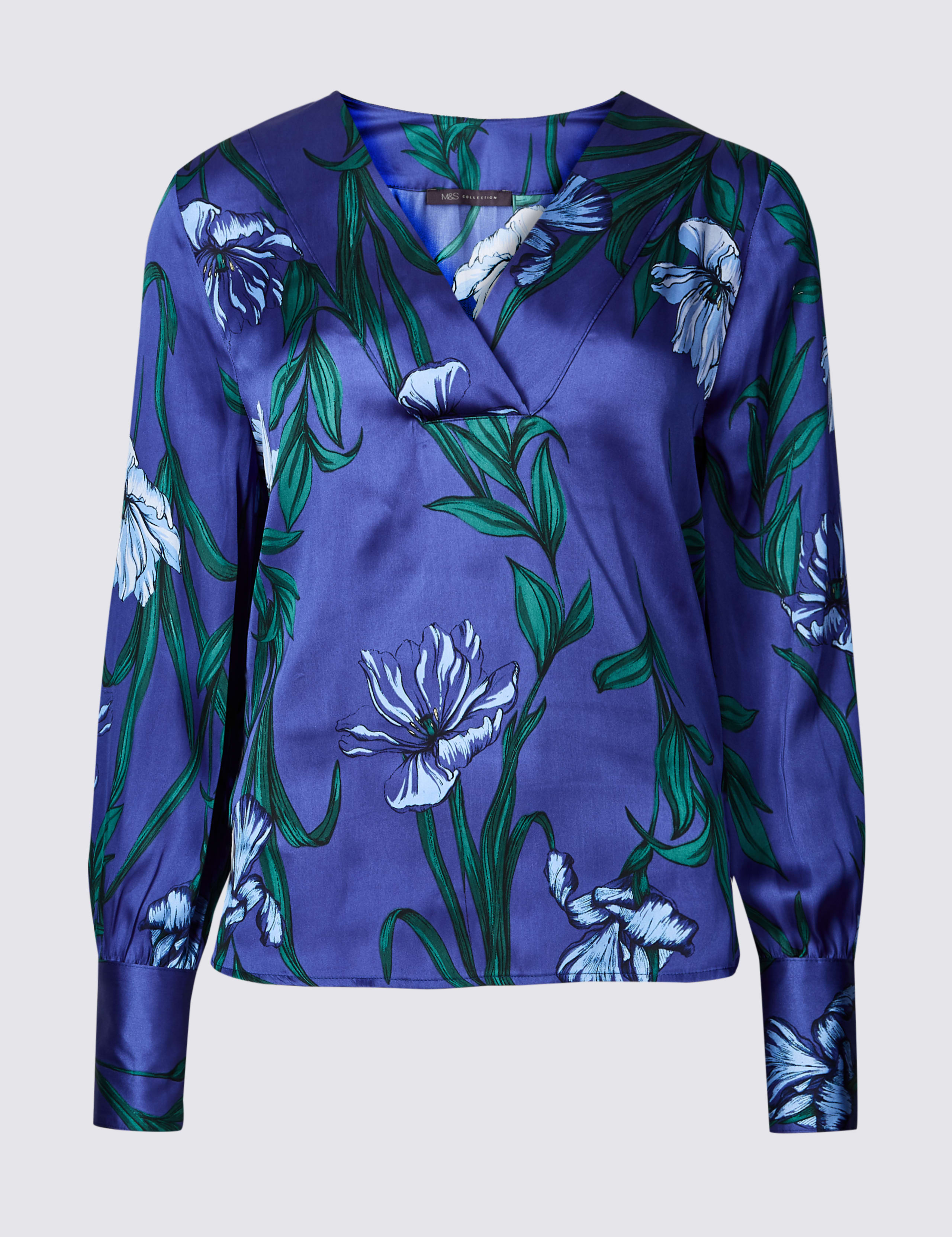 Satin Floral Print V-Neck Long Sleeve Blouse 2 of 5