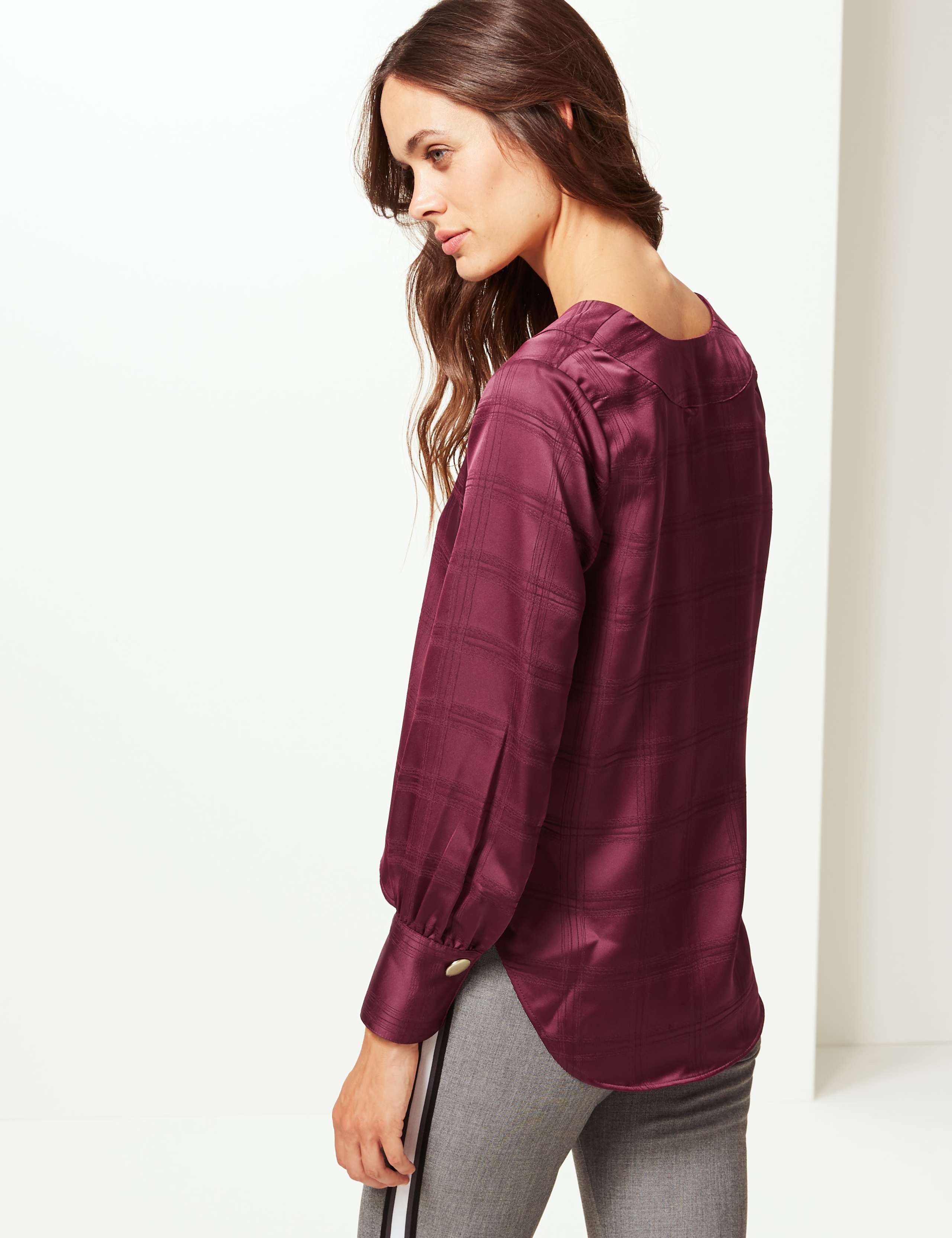 Checked Satin V-Neck Long Sleeve Blouse 4 of 5