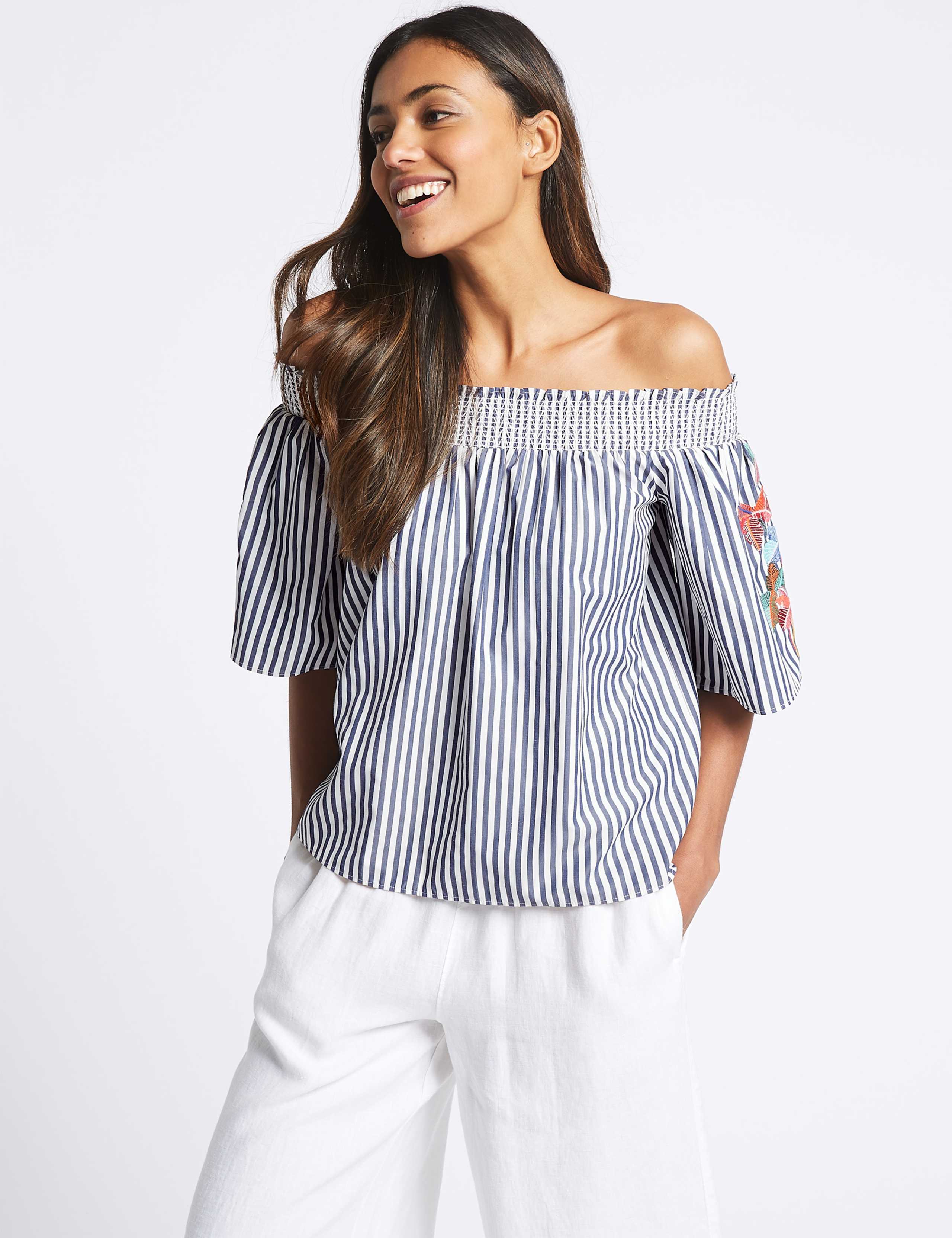 Striped Embroidered Sleeve Bardot Top 1 of 4