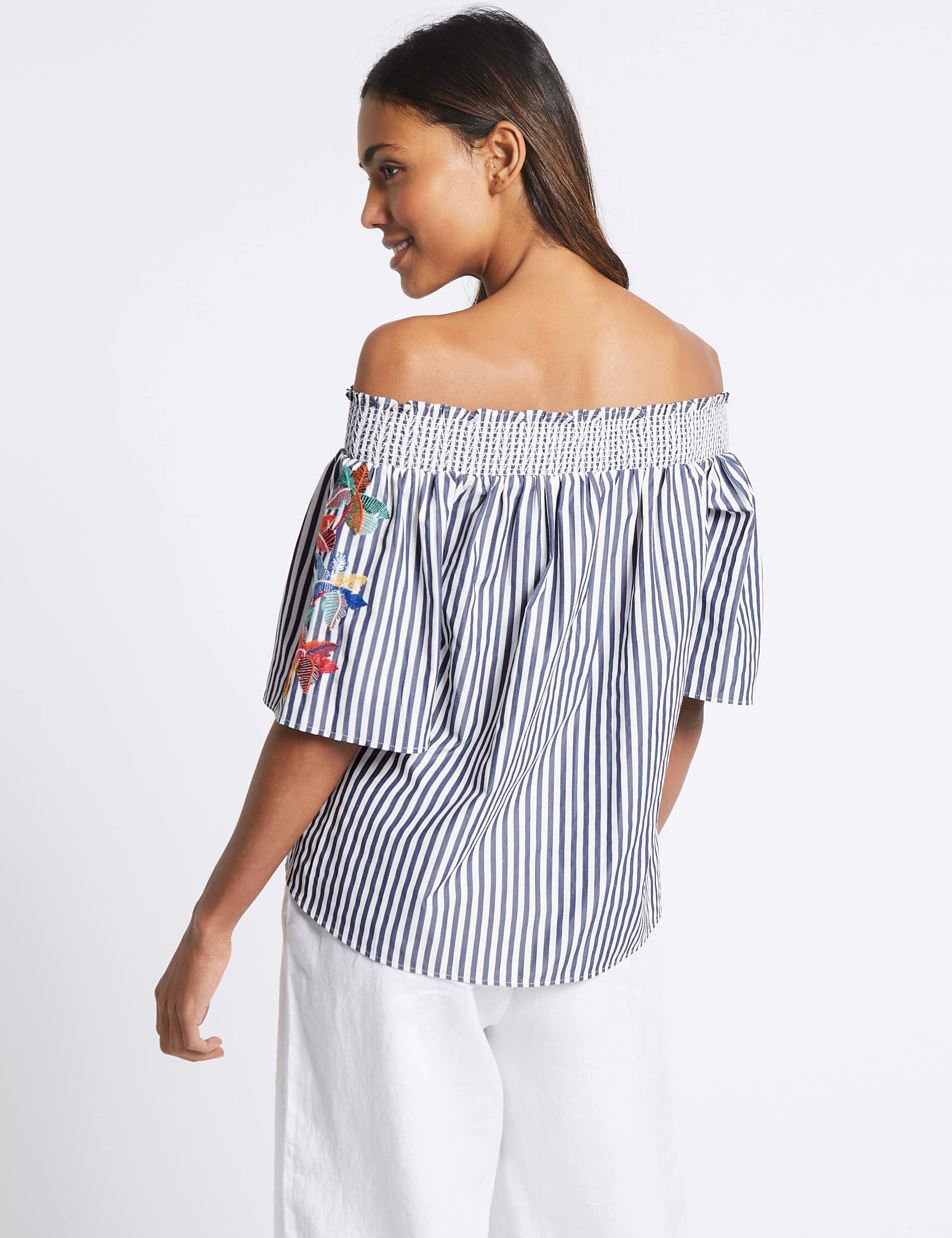 Striped Embroidered Sleeve Bardot Top 4 of 4