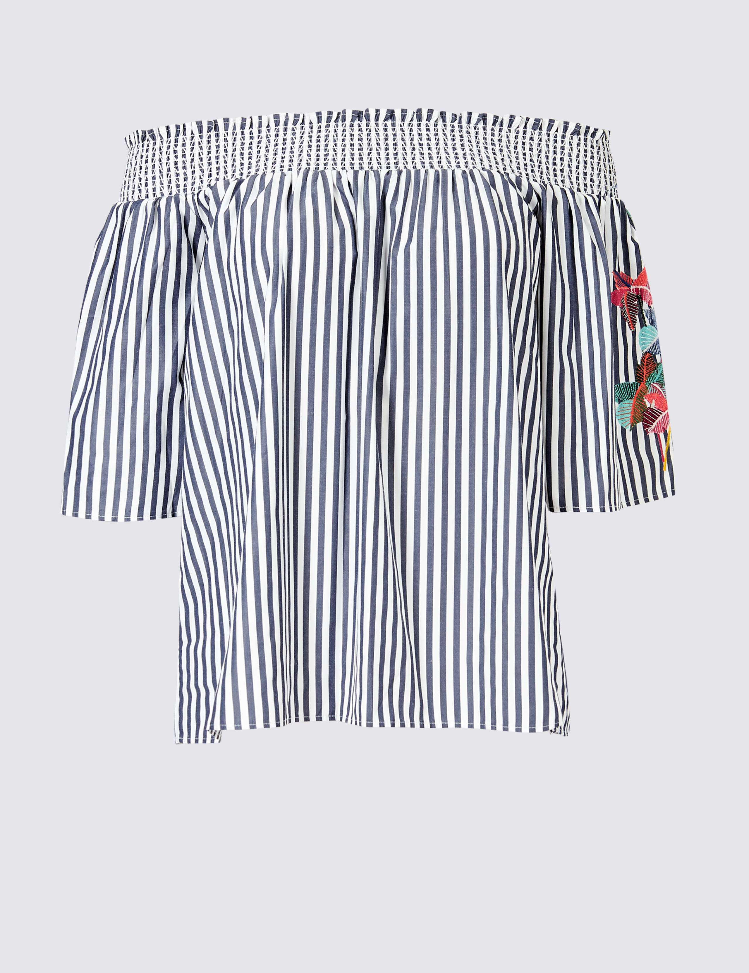 Striped Embroidered Sleeve Bardot Top 2 of 4