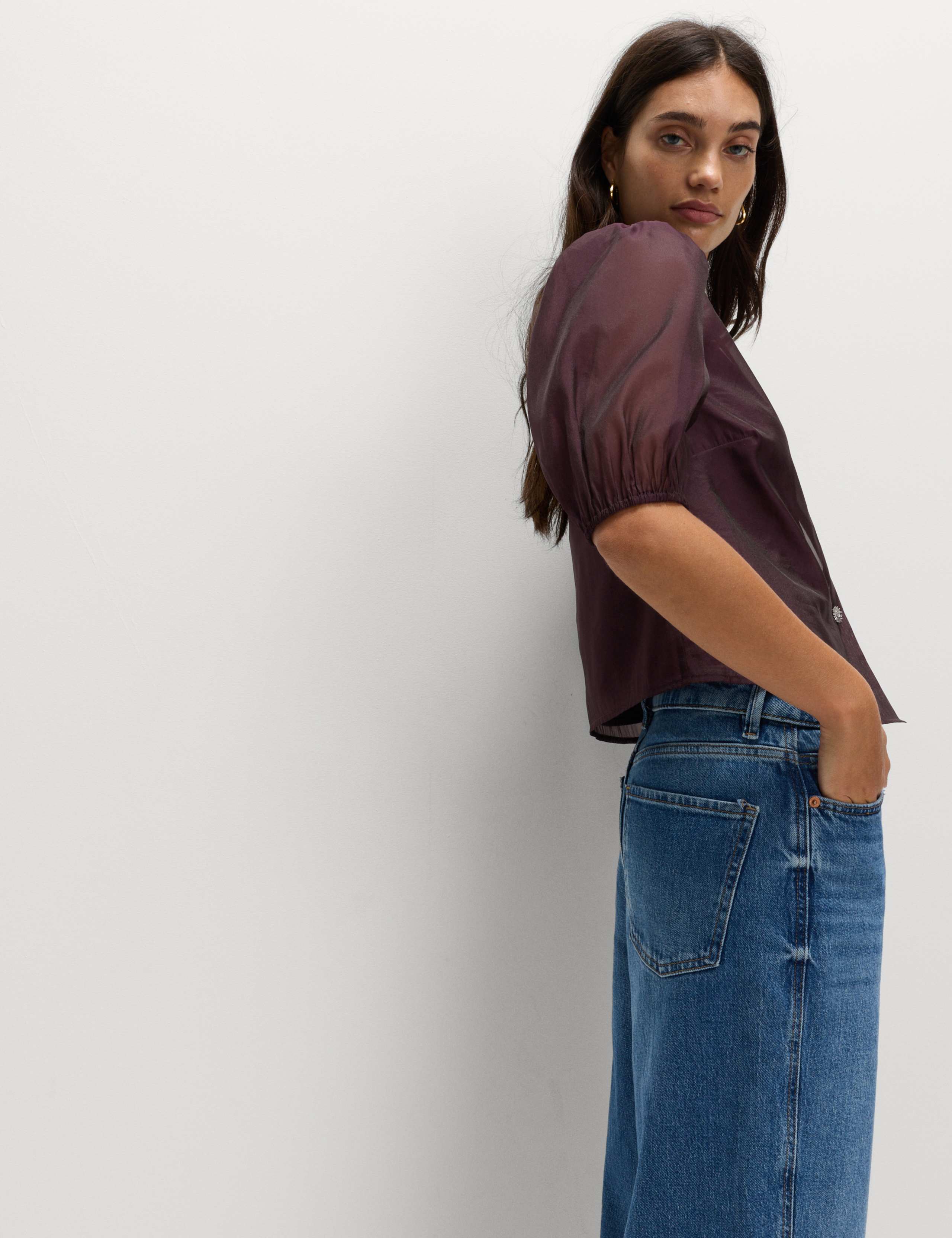 Organza Embellished Button Detail Top 1 of 7