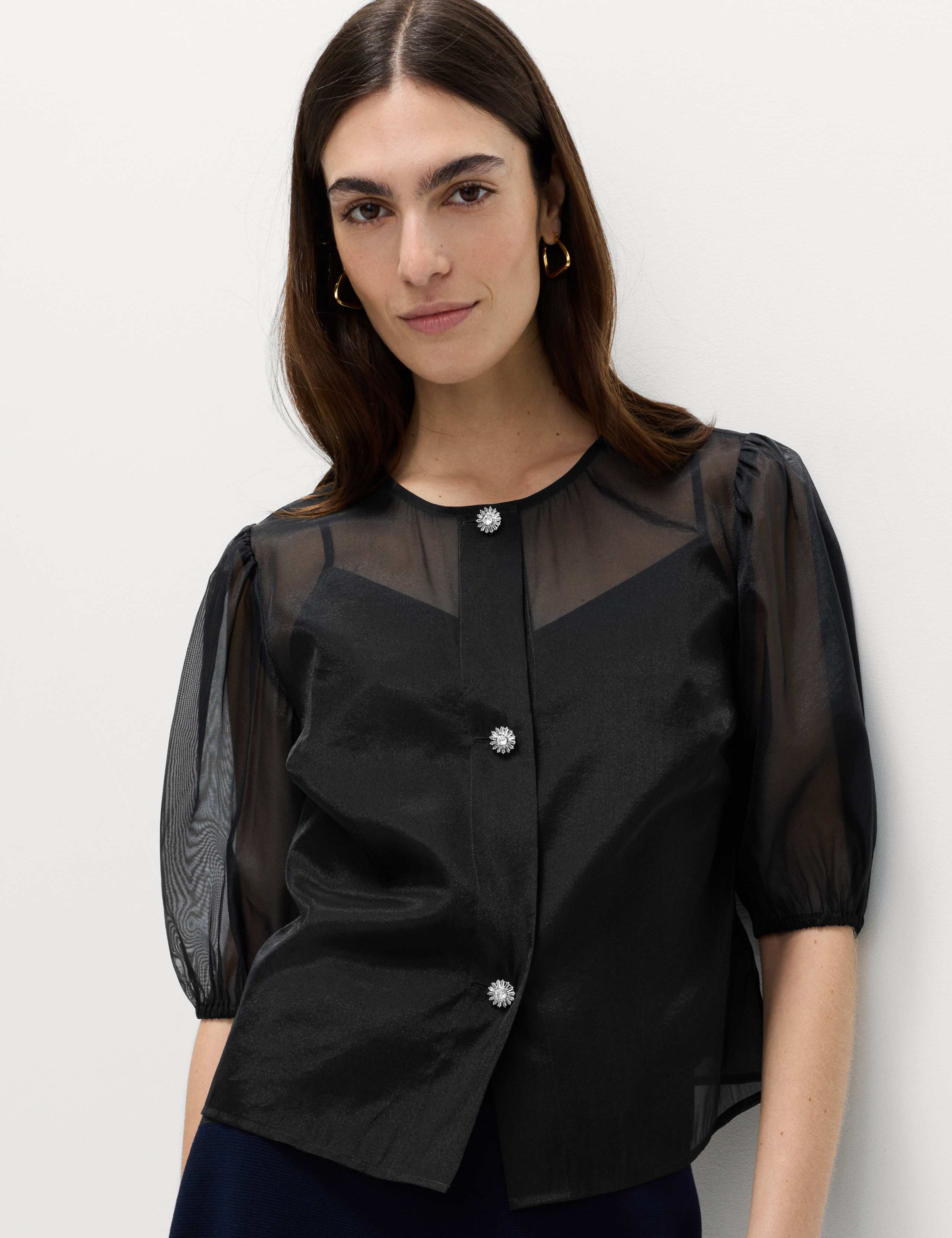 Organza Embellished Button Detail Top 4 of 6