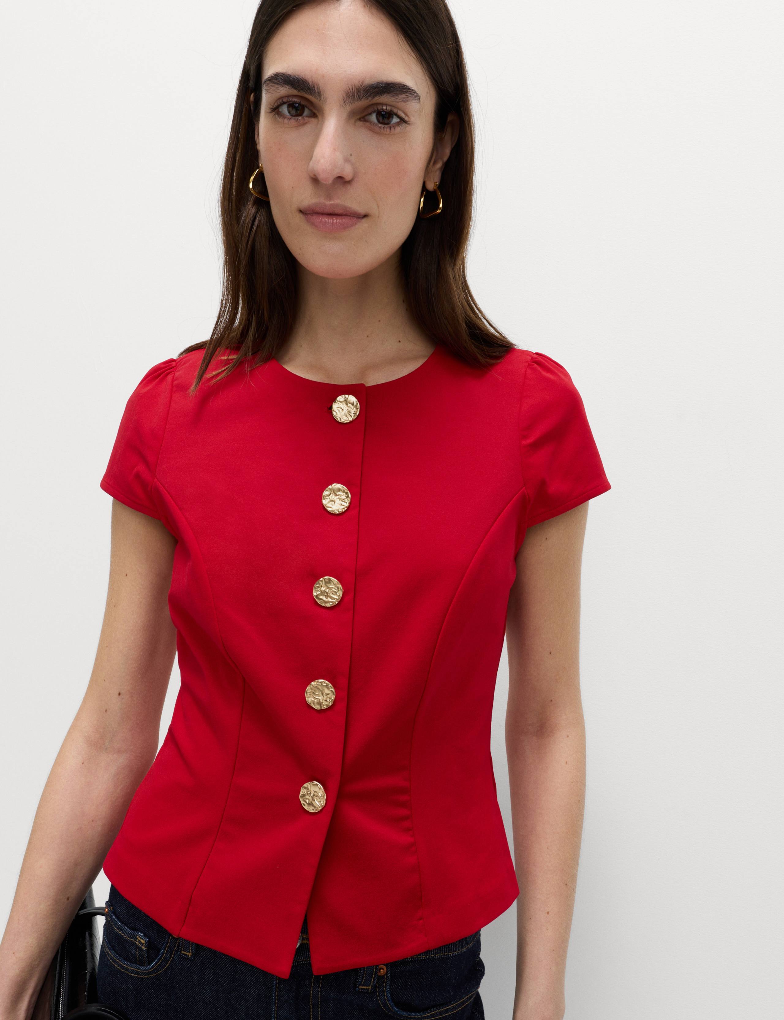 Round Neck Fitted Button Detail Top 3 of 5